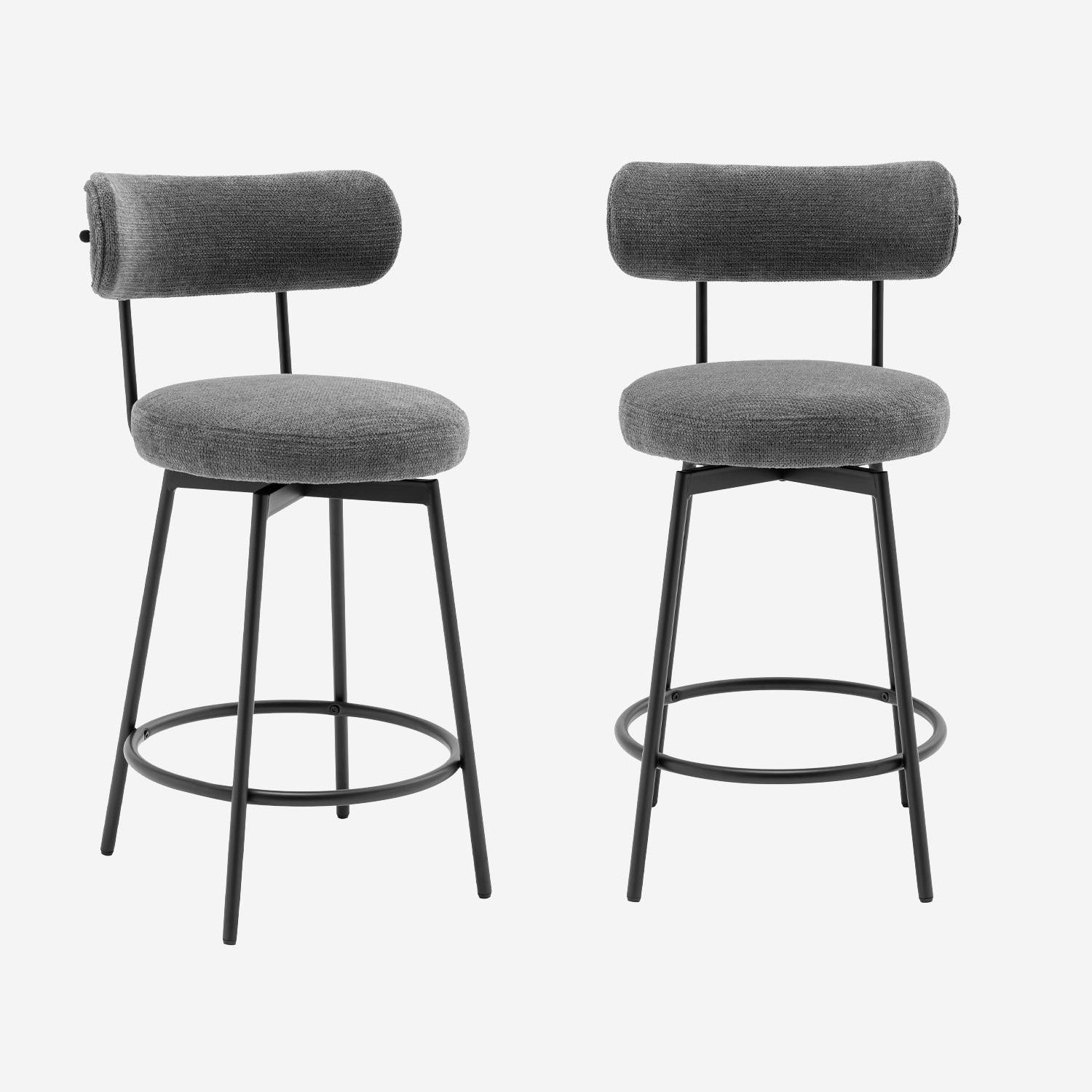 Tabouret de bar assise rotative métal noir et tissu gris (lot de 2)