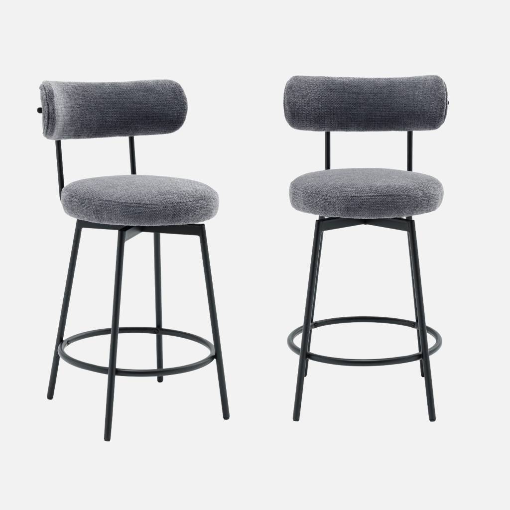 Tabouret de bar assise rotative métal noir et tissu gris (lot de 2)