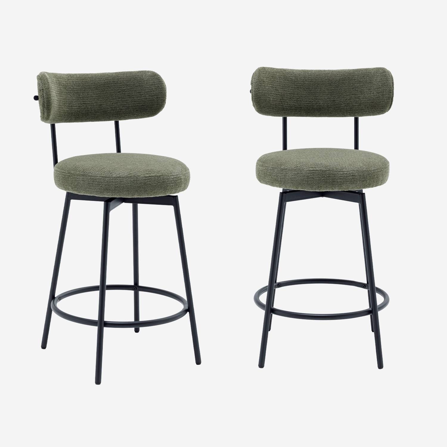Tabouret de bar assise rotative métal noir et tissu vert (lot de 2)