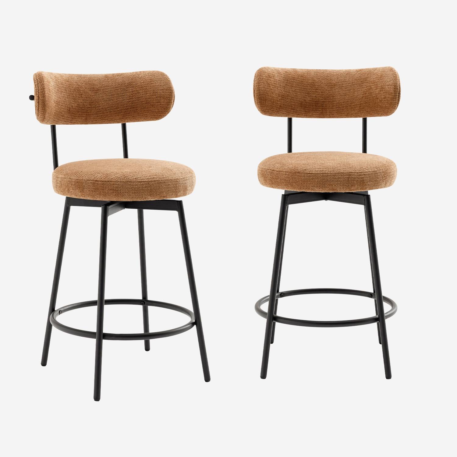 Tabouret de bar assise rotative métal noir et tissu camel (lot de 2)
