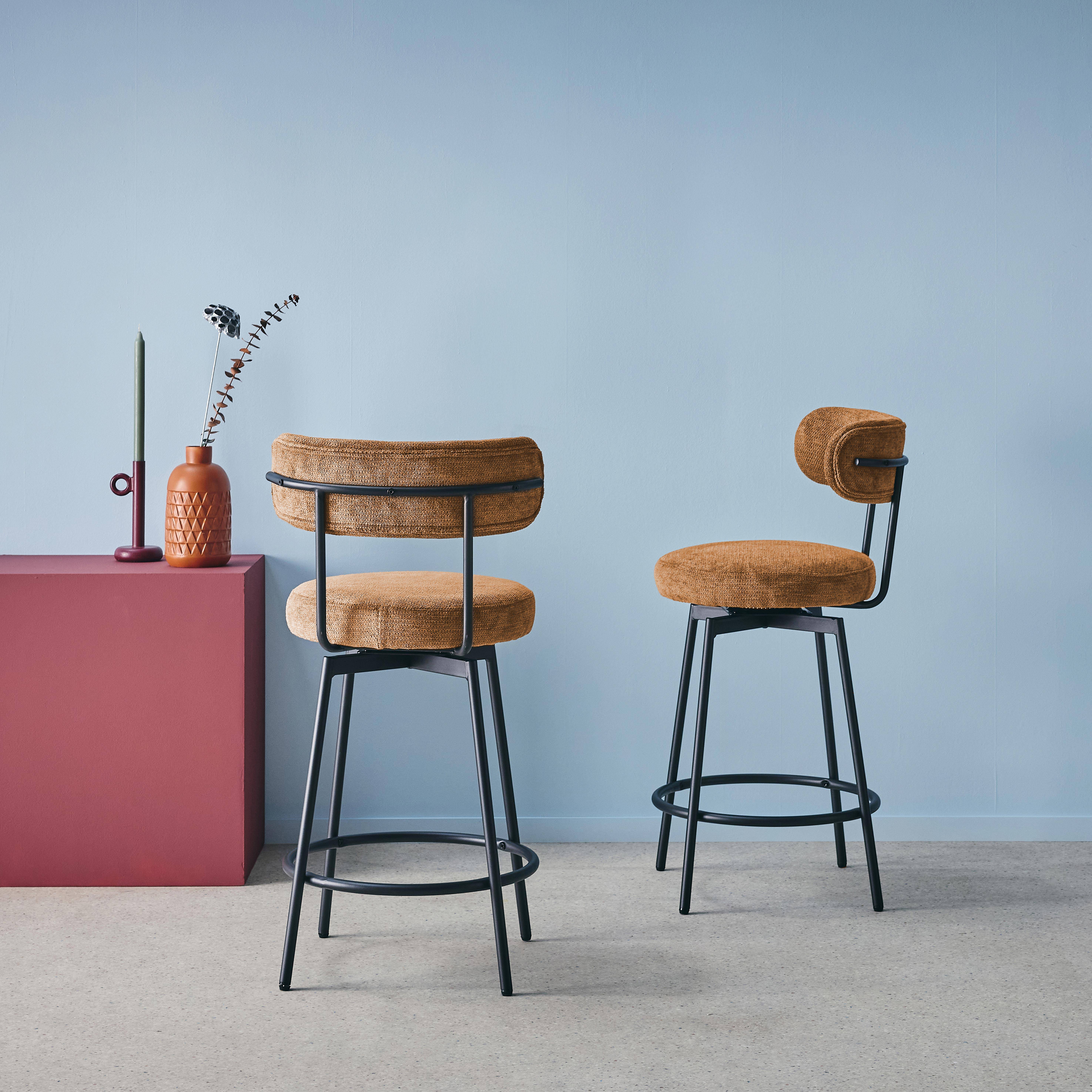2er-Set Barhocker mit drehbarem Sitz aus schwarzem Metall mit camelfarbenem Stoffbezug B 50 x T 50 x H 92 cm - Iris,sweeek,Photo3