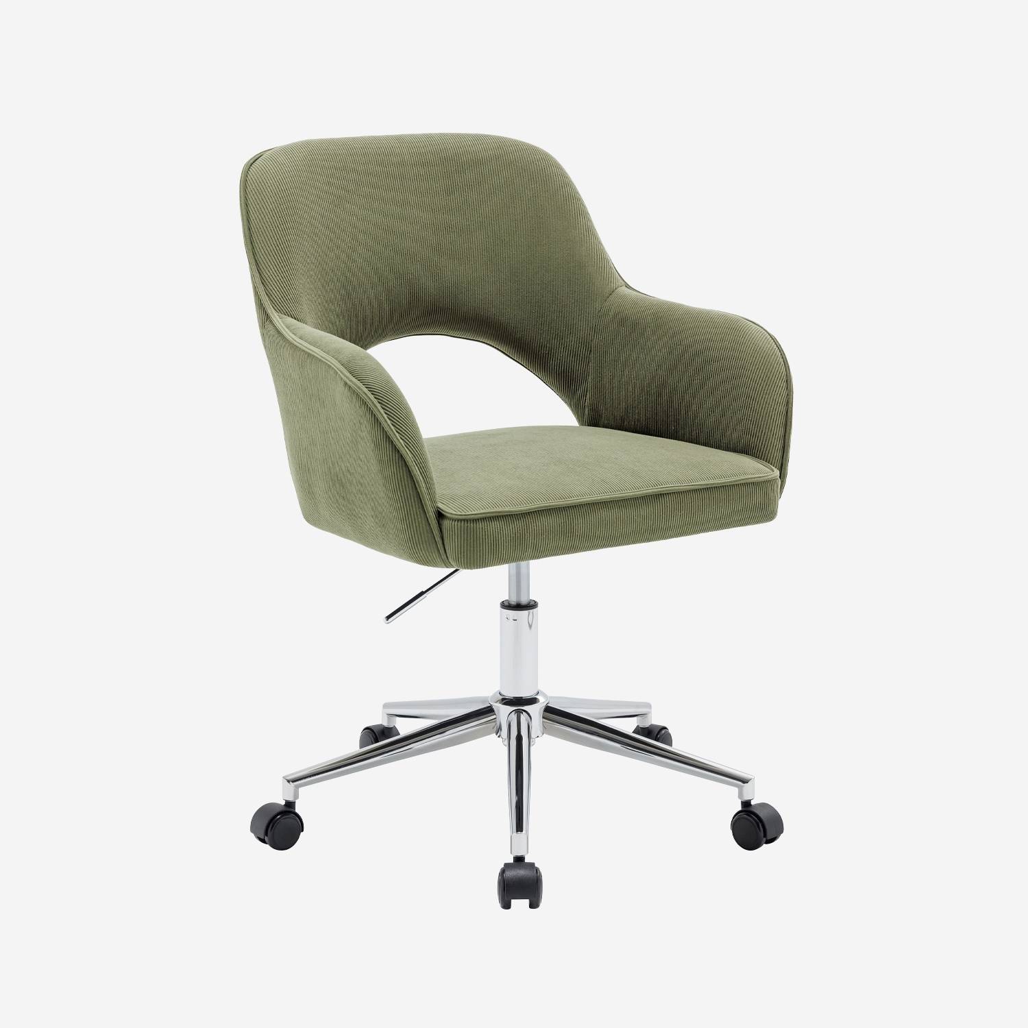 Chaise de bureau à roulettes velours côtelé kaki et chromé