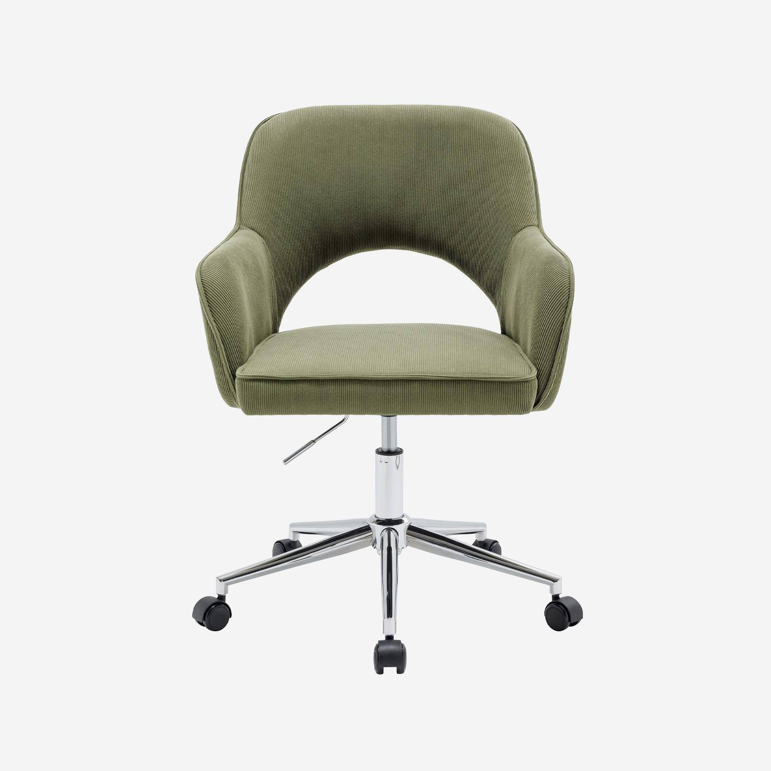 Chaise de bureau à roulettes velours côtelé kaki piétement chromé, L 60 x P 62 x H 89 / 99cm Photo2