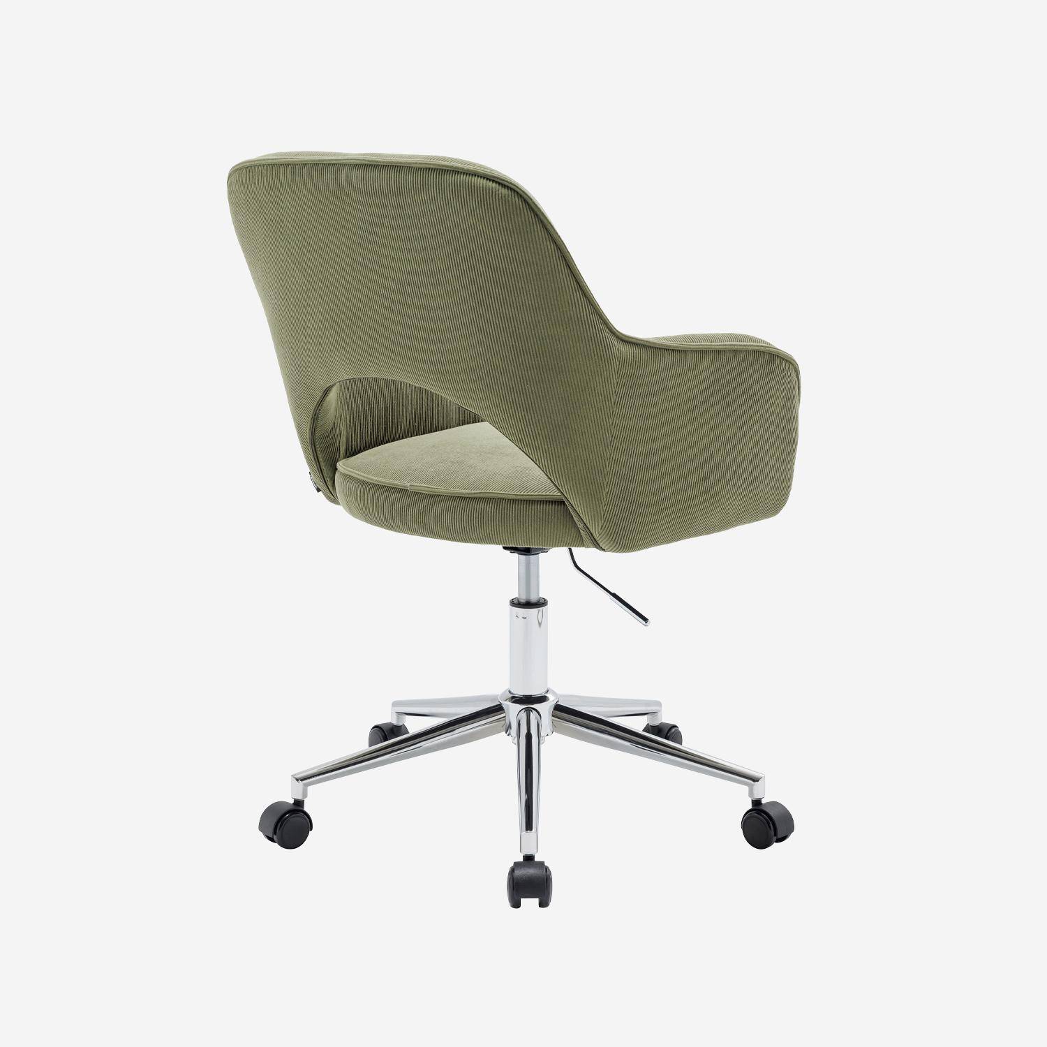 Chaise de bureau à roulettes velours côtelé kaki piétement chromé, L 60 x P 62 x H 89 / 99cm,sweeek,Photo3