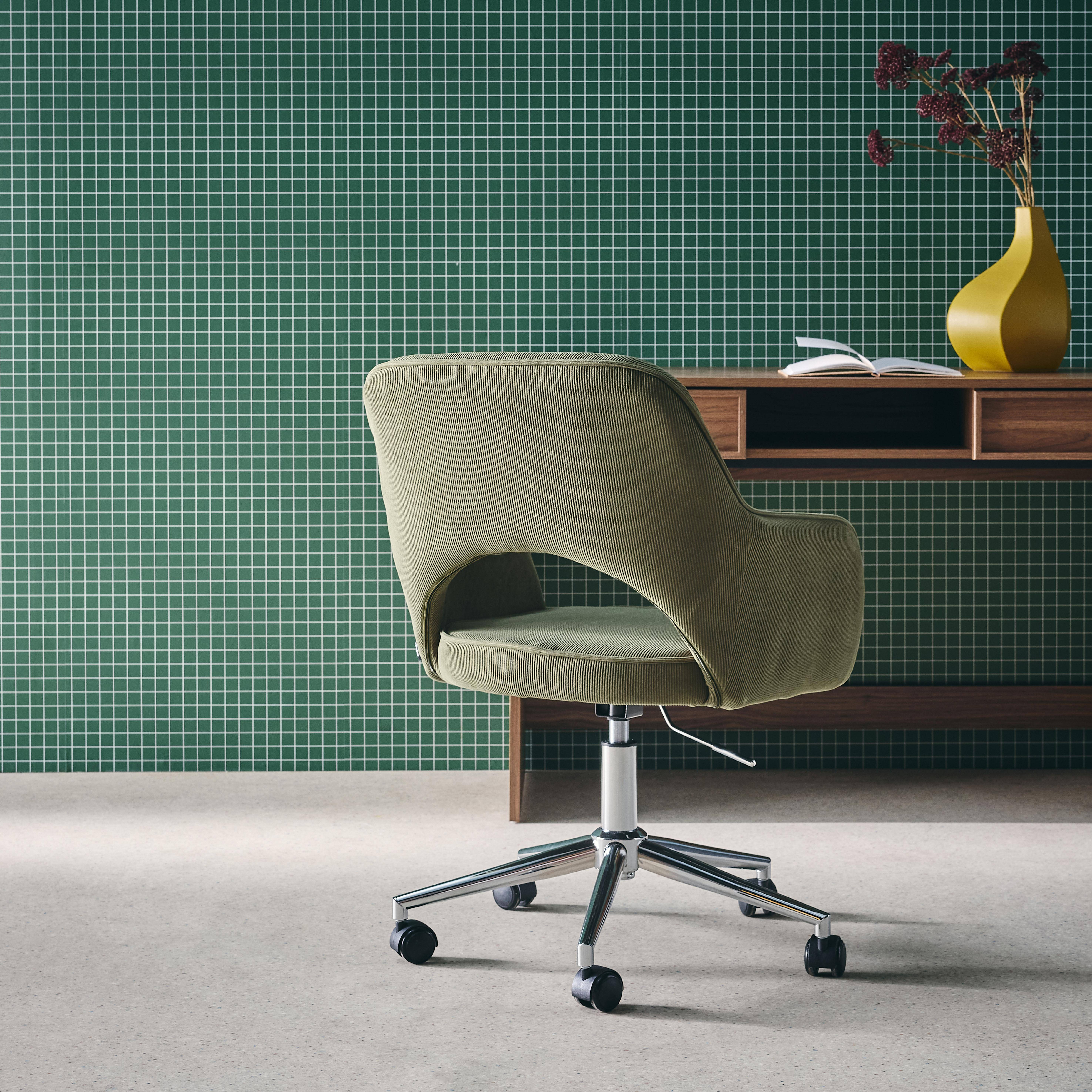 Silla de oficina con ruedas de pana fina y base cromada, Jim pana, Verde kaki, 62x60x99 cm Photo2