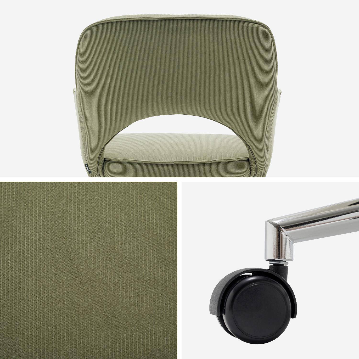 Chaise de bureau à roulettes velours côtelé kaki piétement chromé, L 60 x P 62 x H 89 / 99cm Photo4