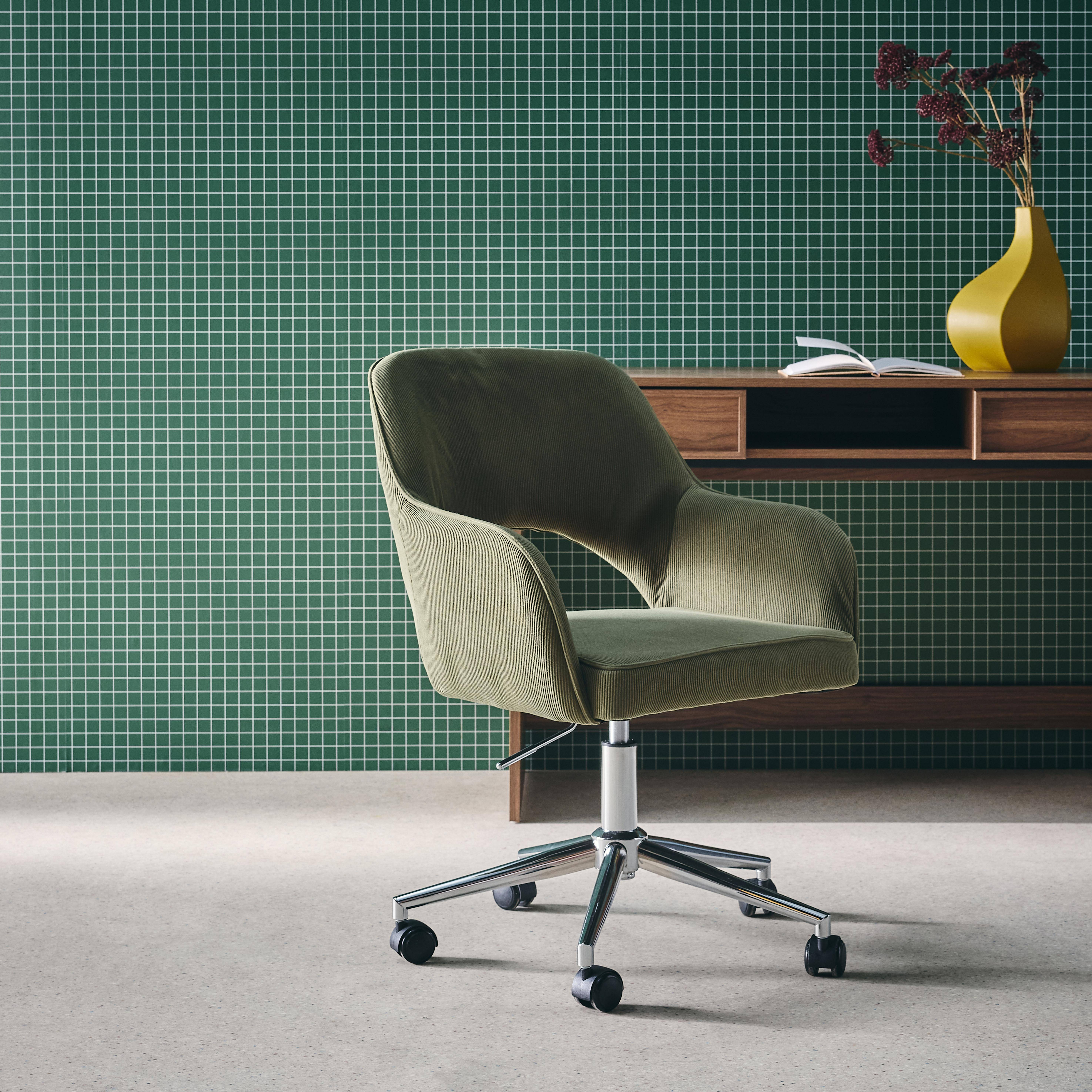 Silla de oficina con ruedas de pana fina y base cromada, Jim pana, Verde kaki, 62x60x99 cm Photo1