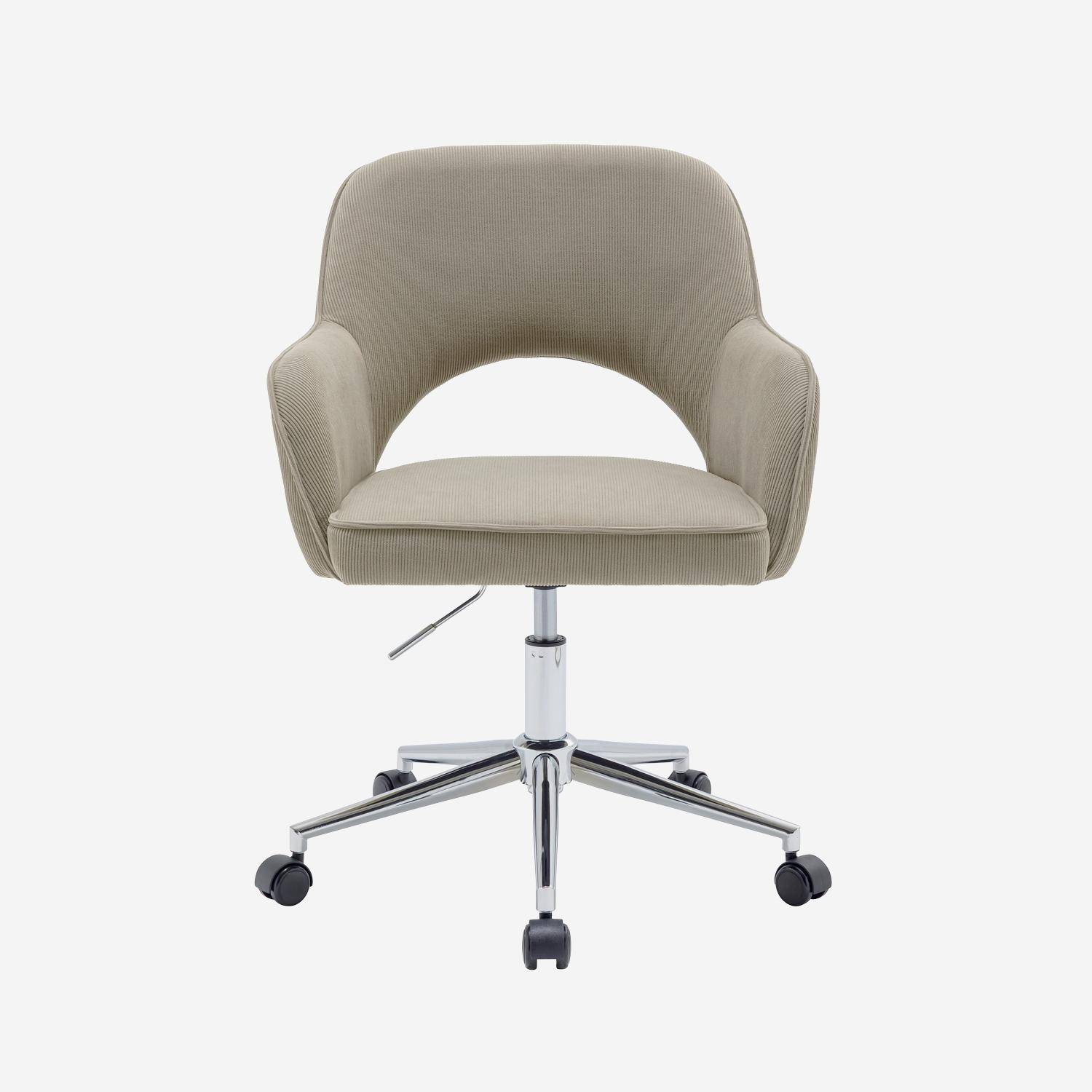Chaise de bureau à roulettes velours côtelé taupe piétement chromé, L 60 x P 62 x H 89 / 99cm,sweeek,Photo2