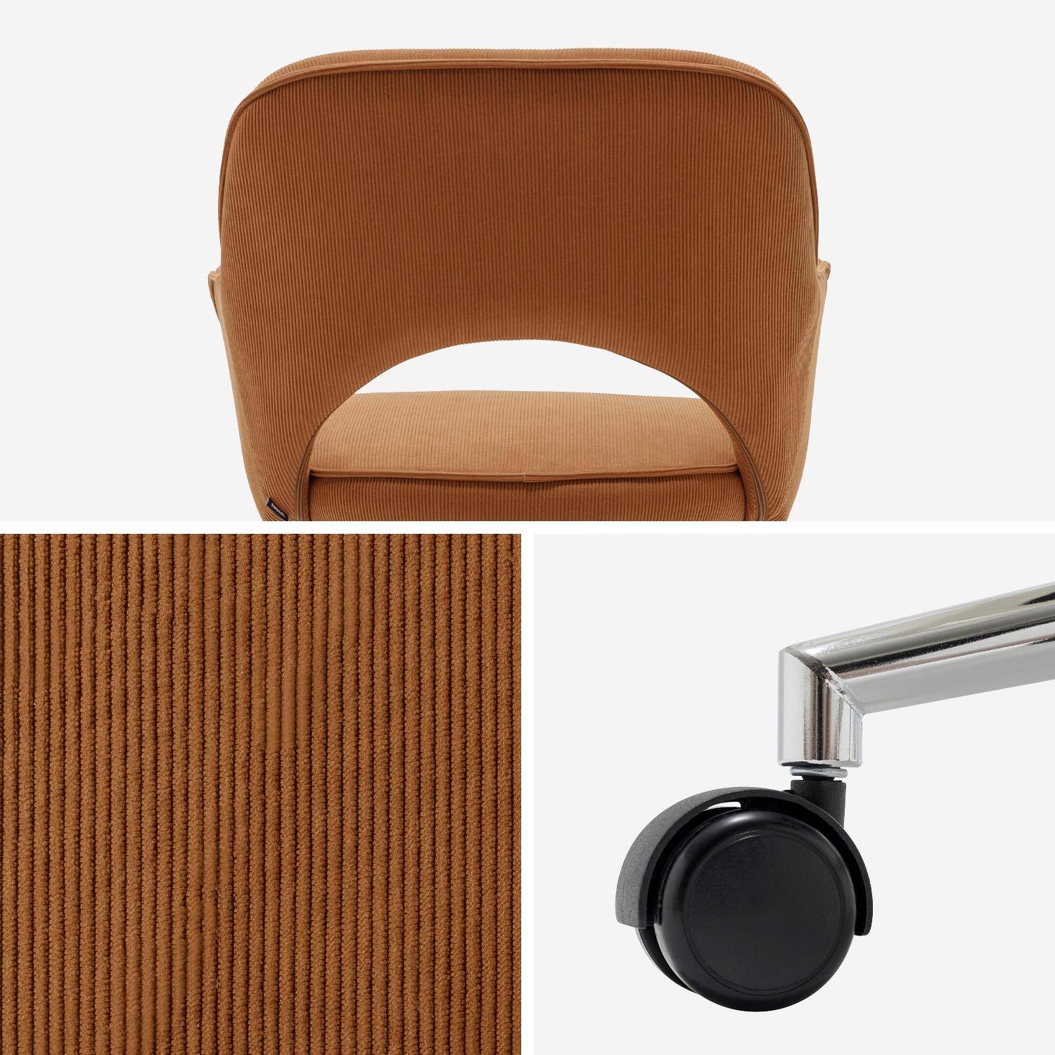 Chaise de bureau à roulettes velours côtelé camel piétement chromé, L 60 x P 62 x H 89 / 99cm Photo4