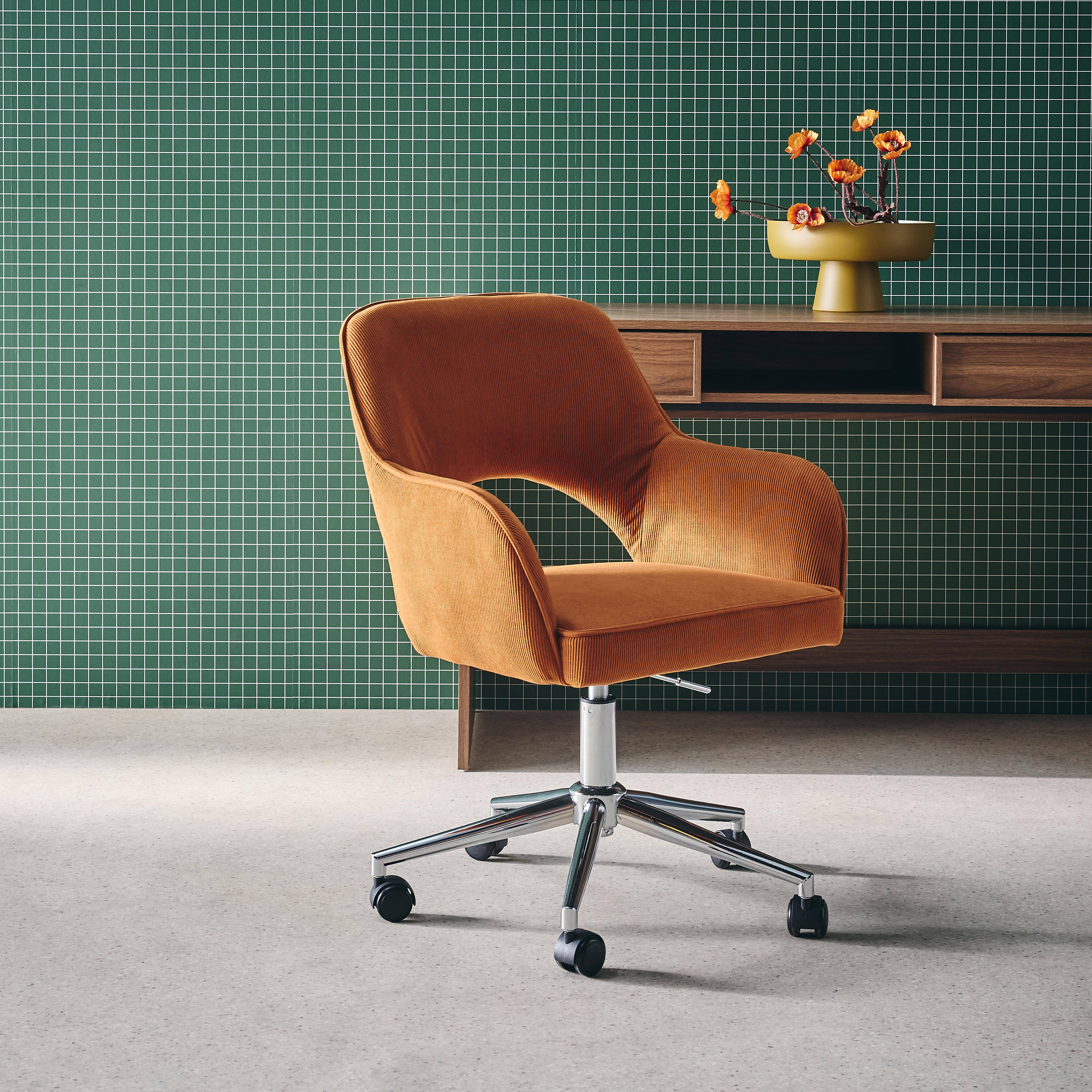 Silla de oficina con ruedas de pana fina y base cromada, Jim pana, Camel, 62x60x99 cm,sweeek,Photo1