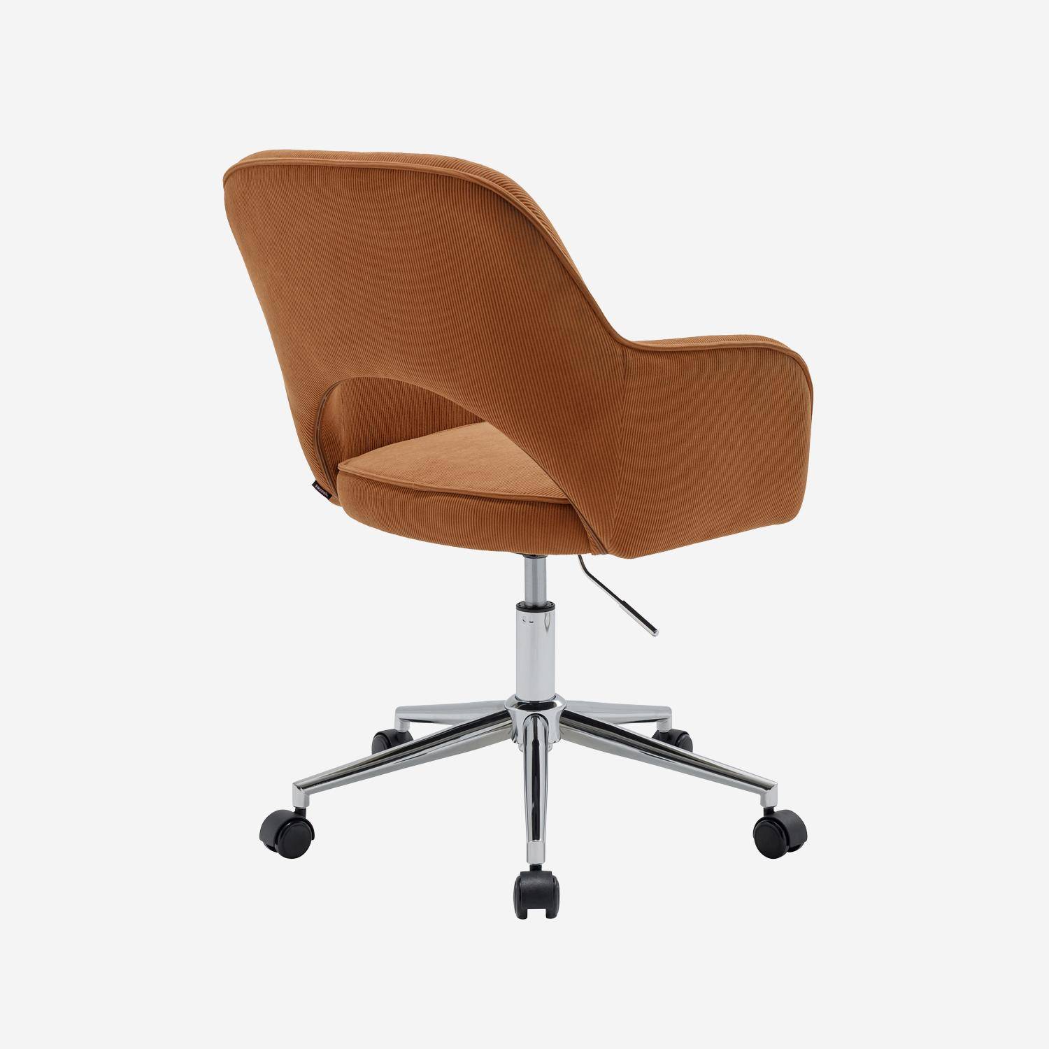 Chaise de bureau à roulettes velours côtelé camel piétement chromé, L 60 x P 62 x H 89 / 99cm Photo3