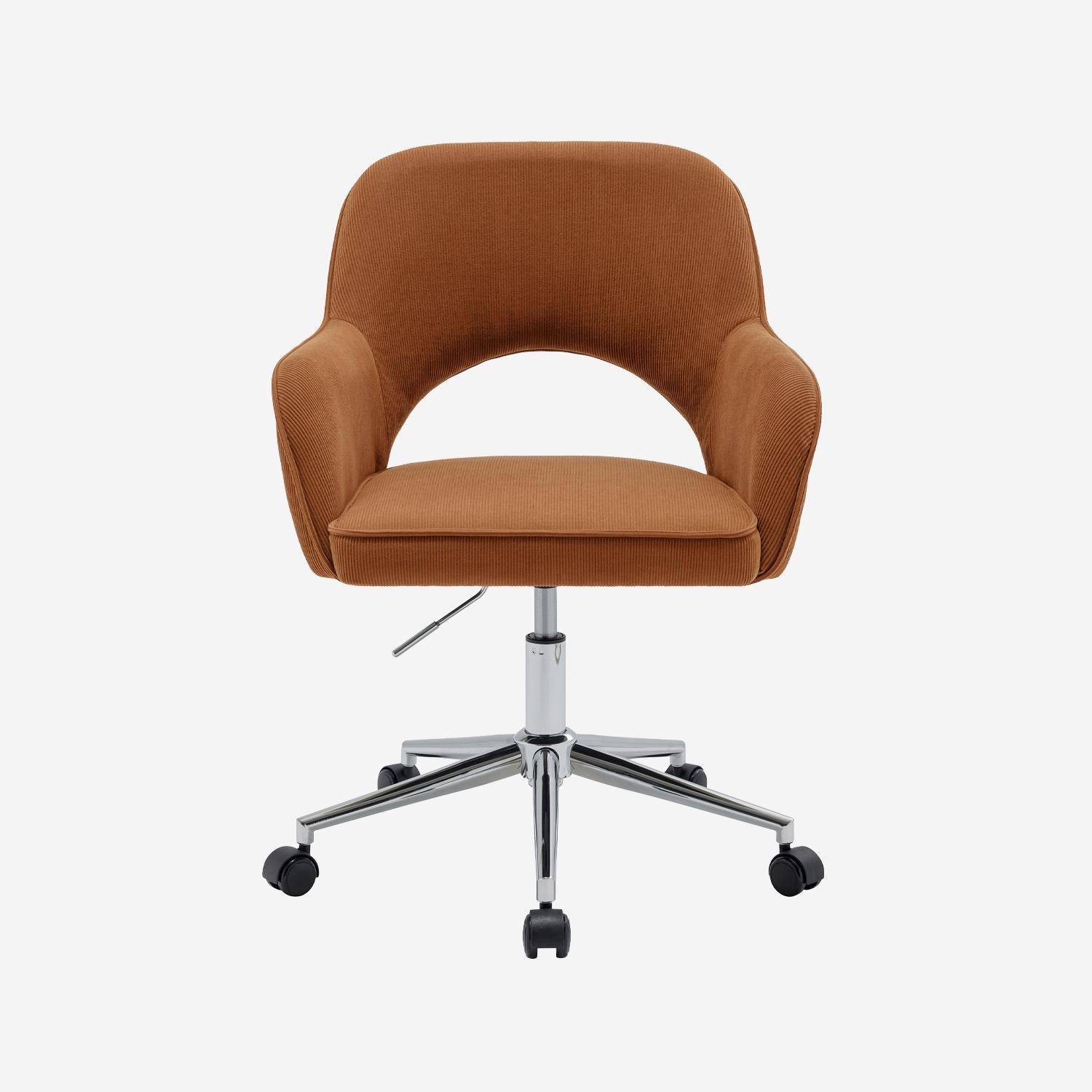 Chaise de bureau à roulettes velours côtelé camel piétement chromé, L 60 x P 62 x H 89 / 99cm Photo2