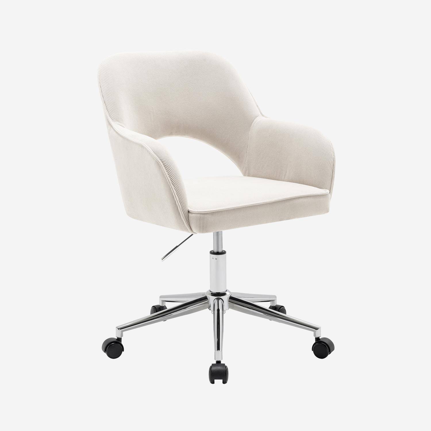 Chaise de bureau à roulettes velours côtelé blanc cassé piétement chromé, L 60 x P 62 x H 89 / 99cm Photo1