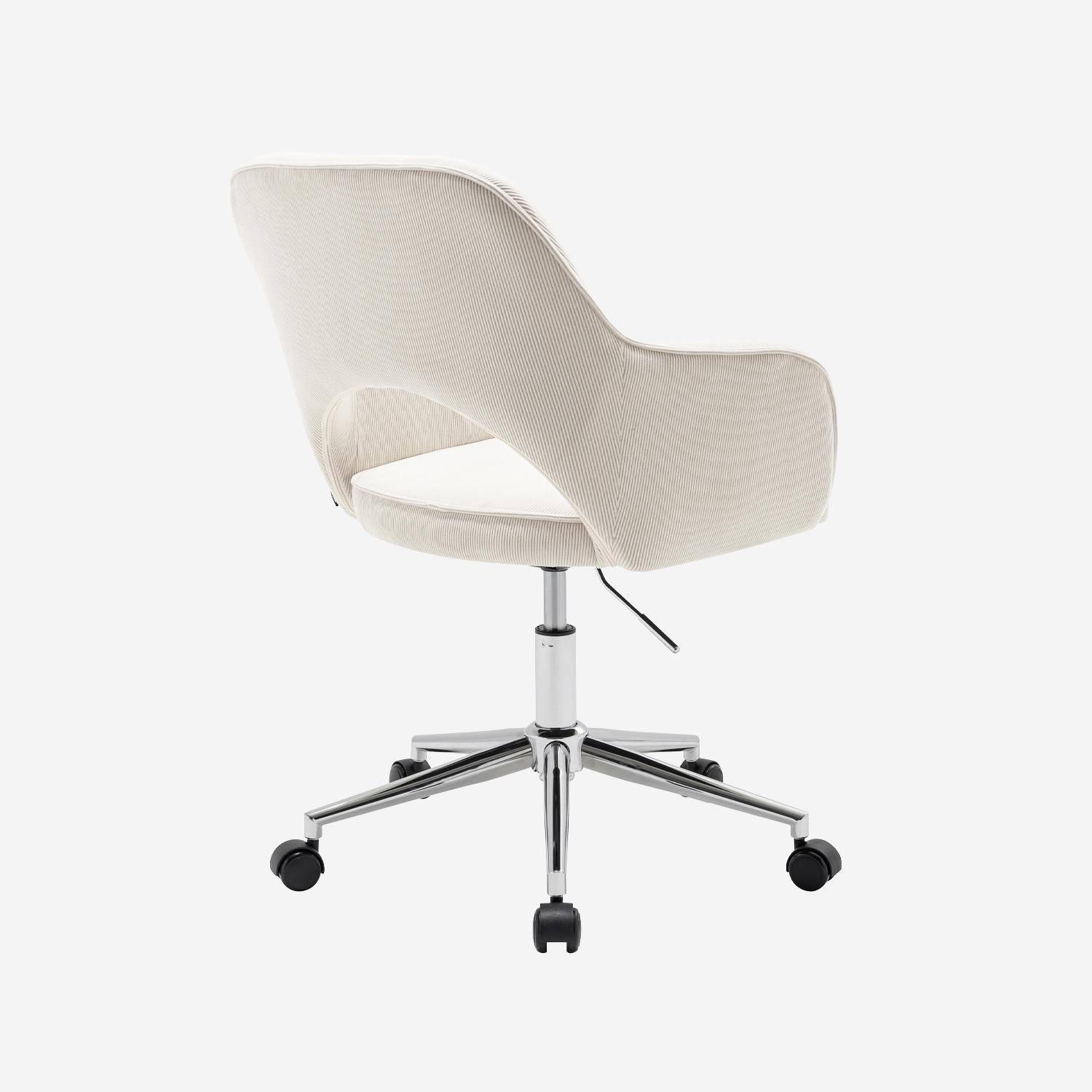 Chaise de bureau à roulettes velours côtelé blanc cassé piétement chromé, L 60 x P 62 x H 89 / 99cm Photo3