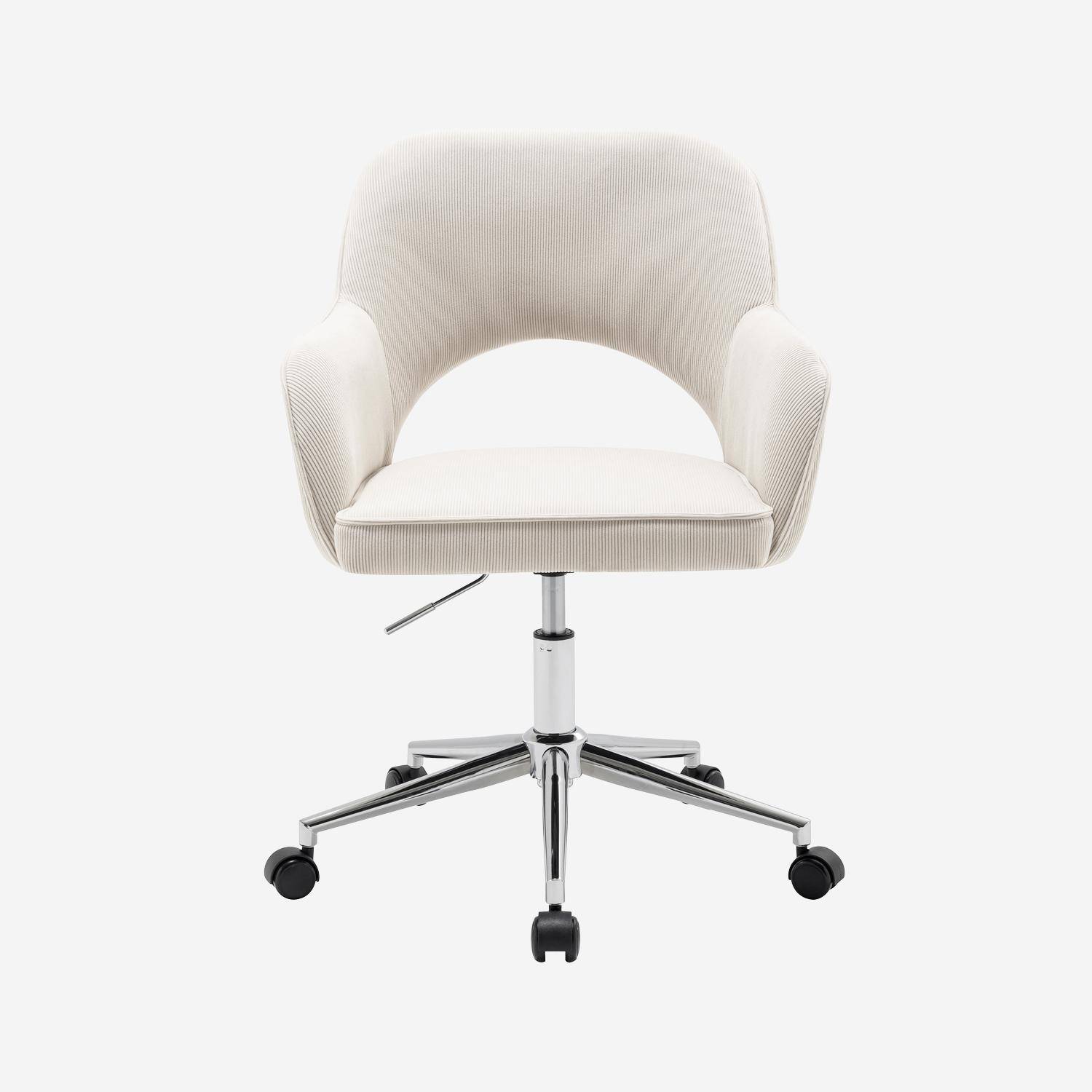 Chaise de bureau à roulettes velours côtelé blanc cassé piétement chromé, L 60 x P 62 x H 89 / 99cm Photo2