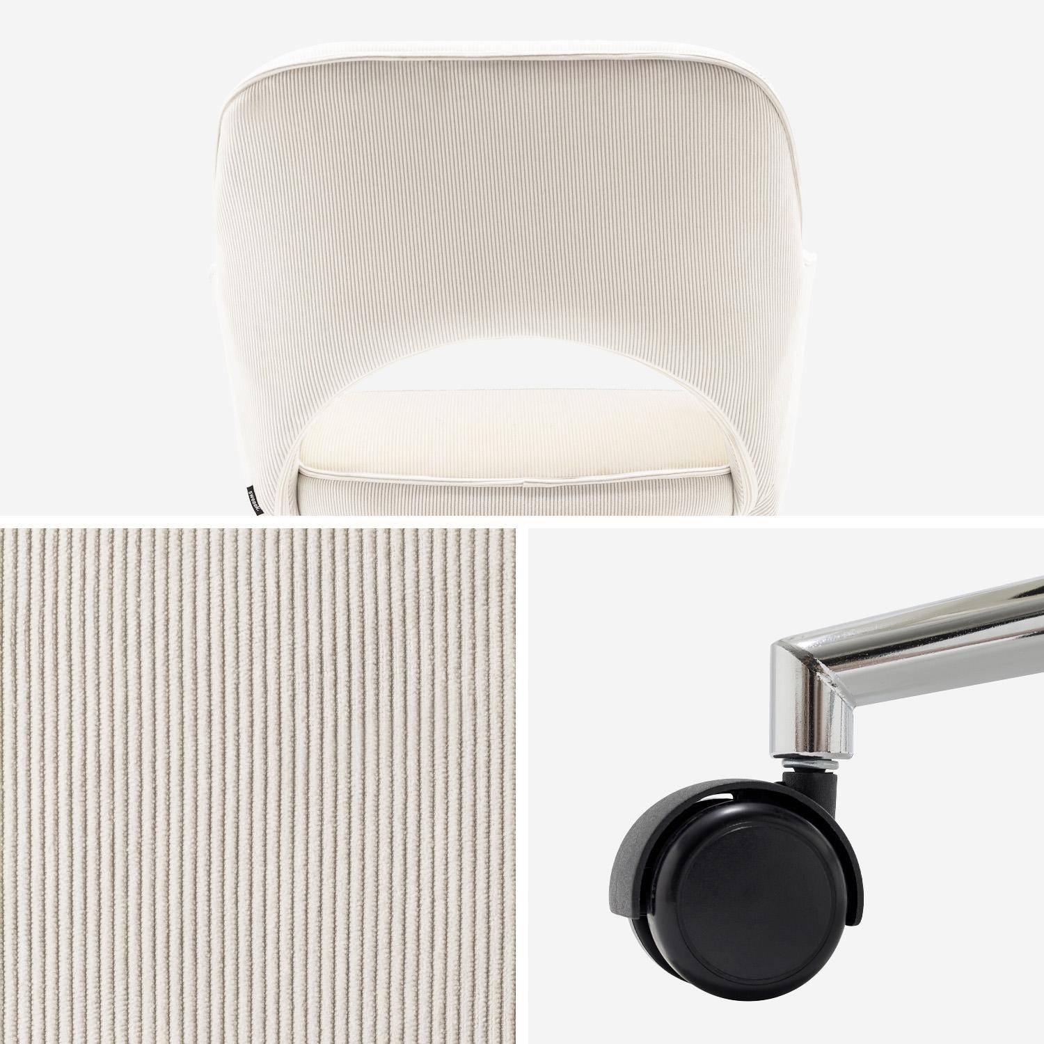 Chaise de bureau à roulettes velours côtelé blanc cassé piétement chromé, L 60 x P 62 x H 89 / 99cm Photo4