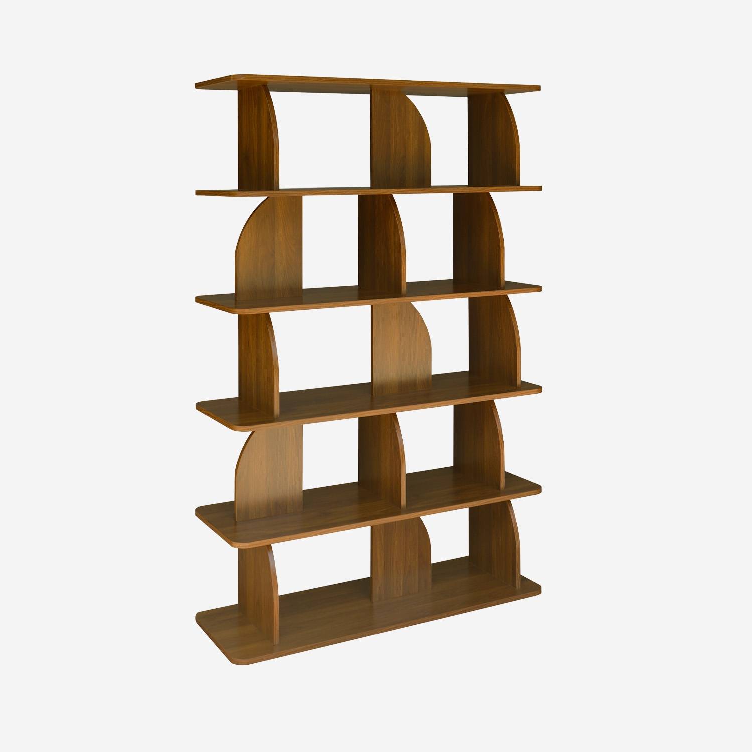 Etagère, bibliothèque exotique décor bois noyer 5 niveaux, séparateurs courbés
