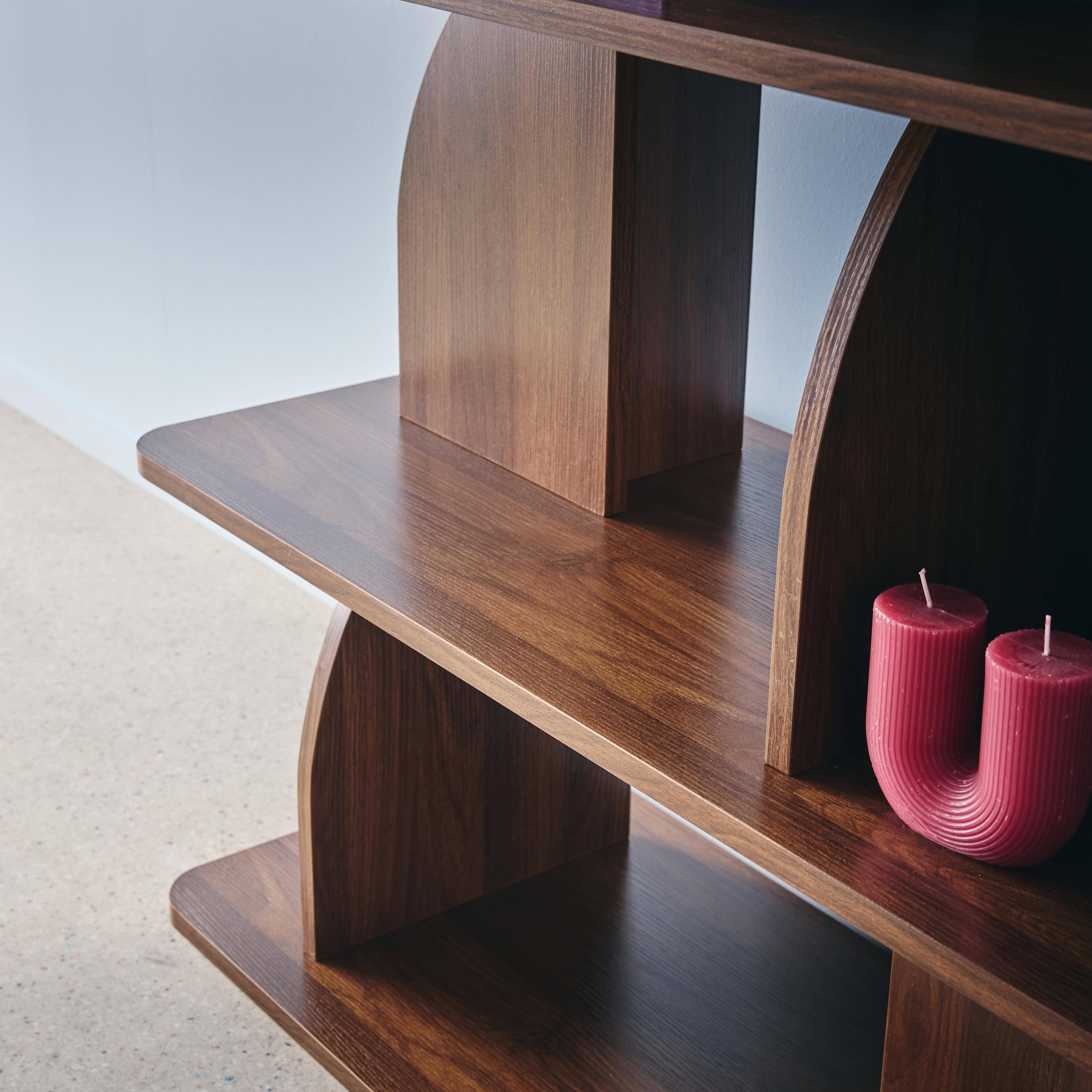5-tier bookshelf, curved style dividers, exotic decor, Walnut