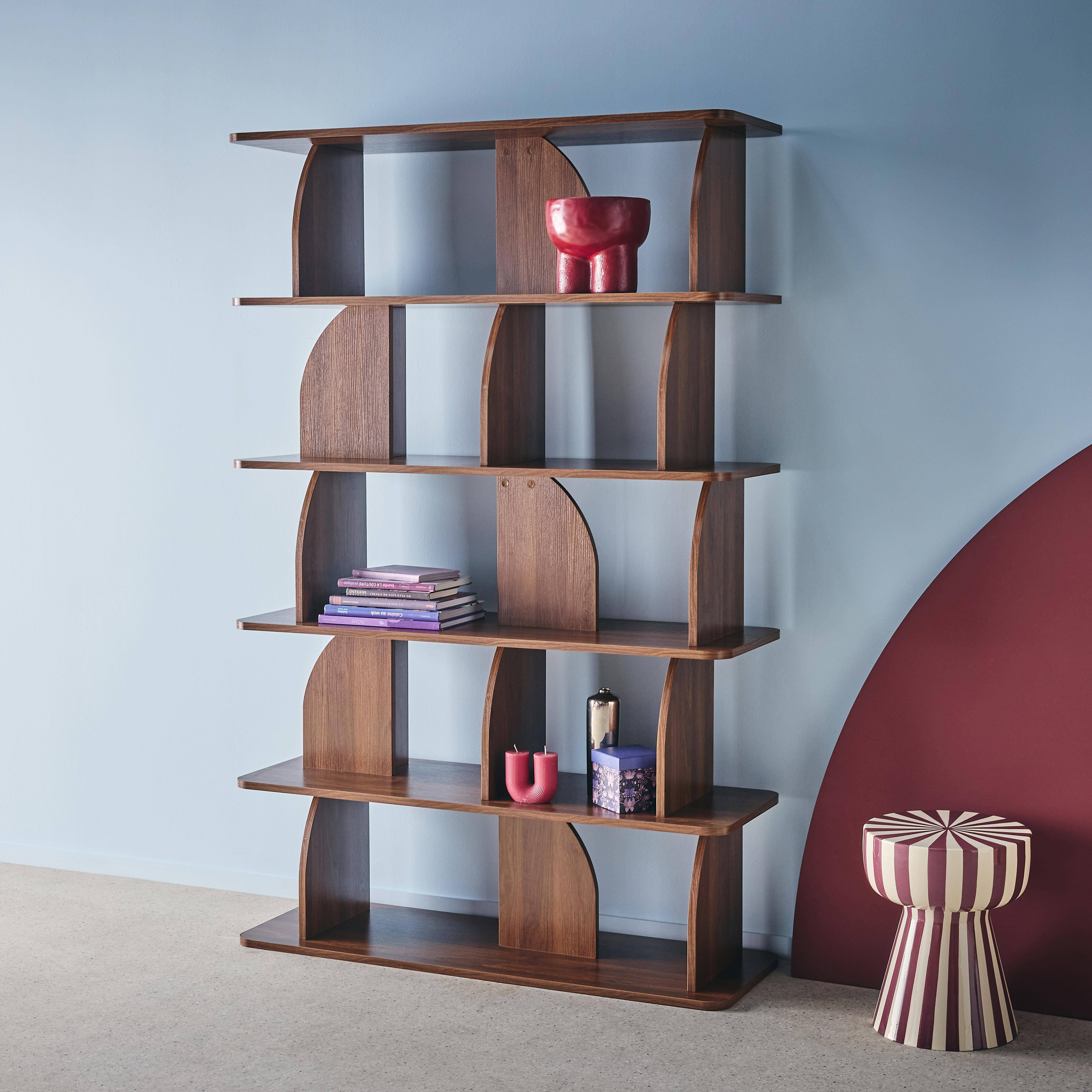 5-tier bookshelf, curved style dividers, exotic decor, Walnut