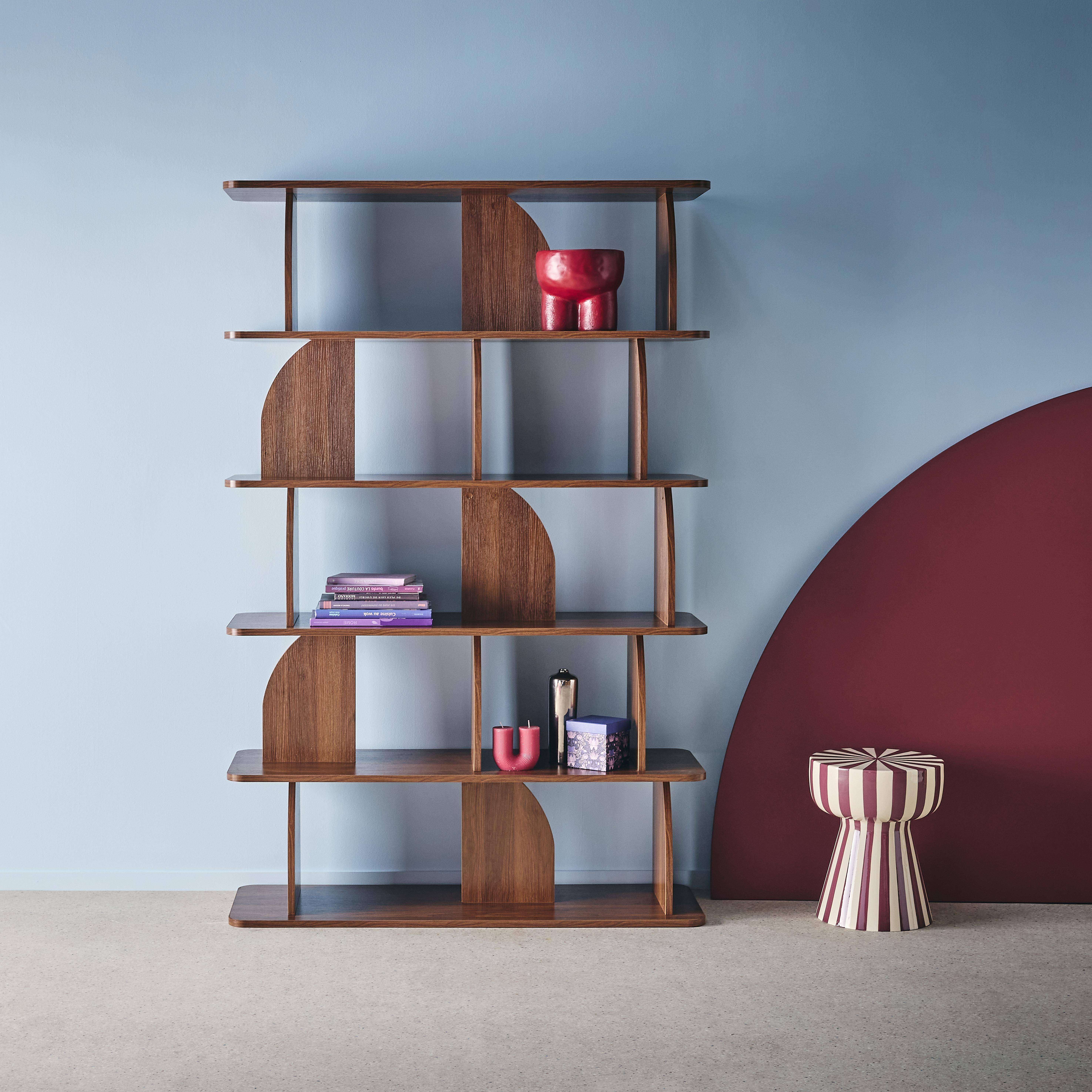 Regal, exotisches Bücherregal Holzdekor Nussbaum 5 Ebenen, abgerundete Trenner - Alva,sweeek,Photo1