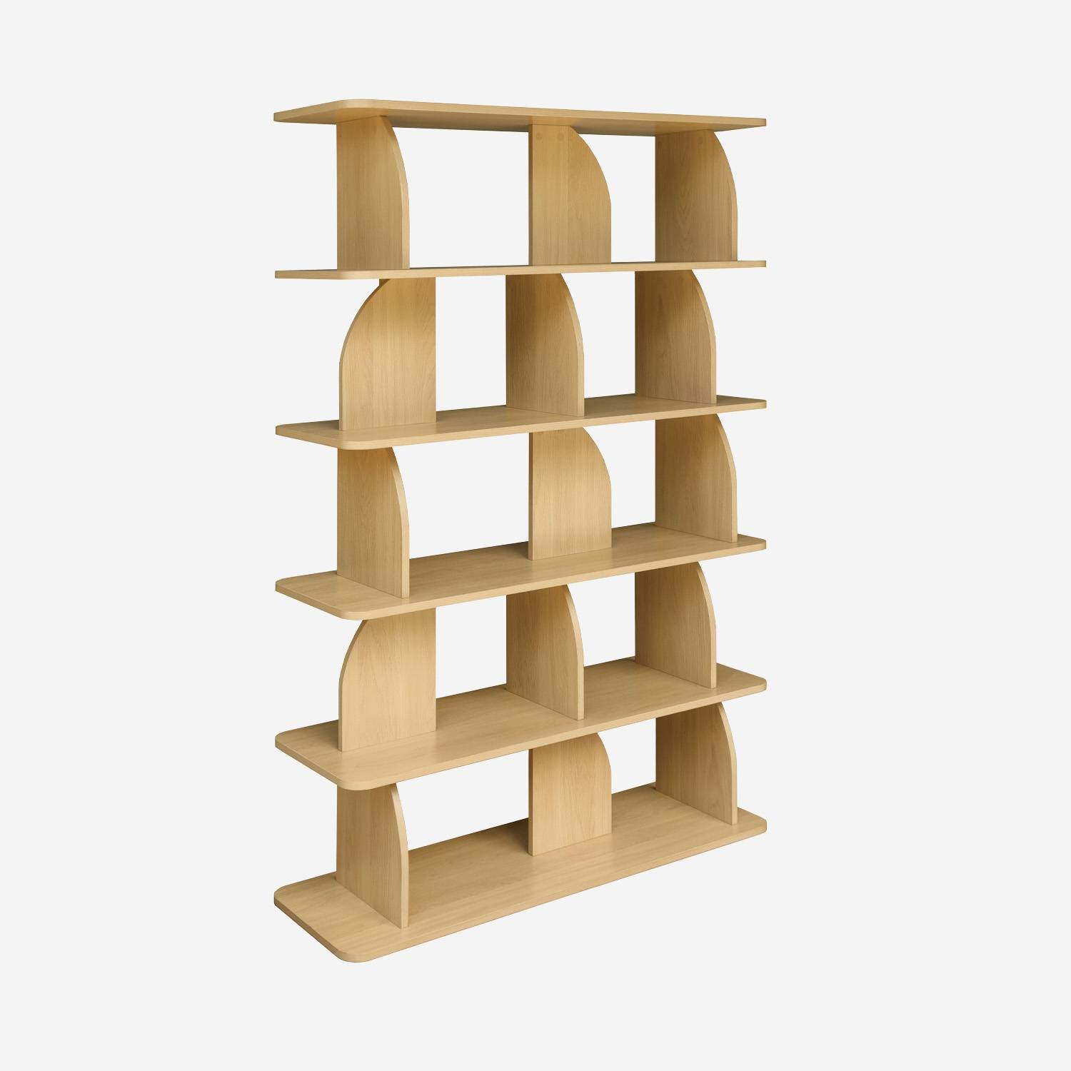 Etagère, bibliothèque exotique décor bois chêne 5 niveaux, séparateurs courbés
