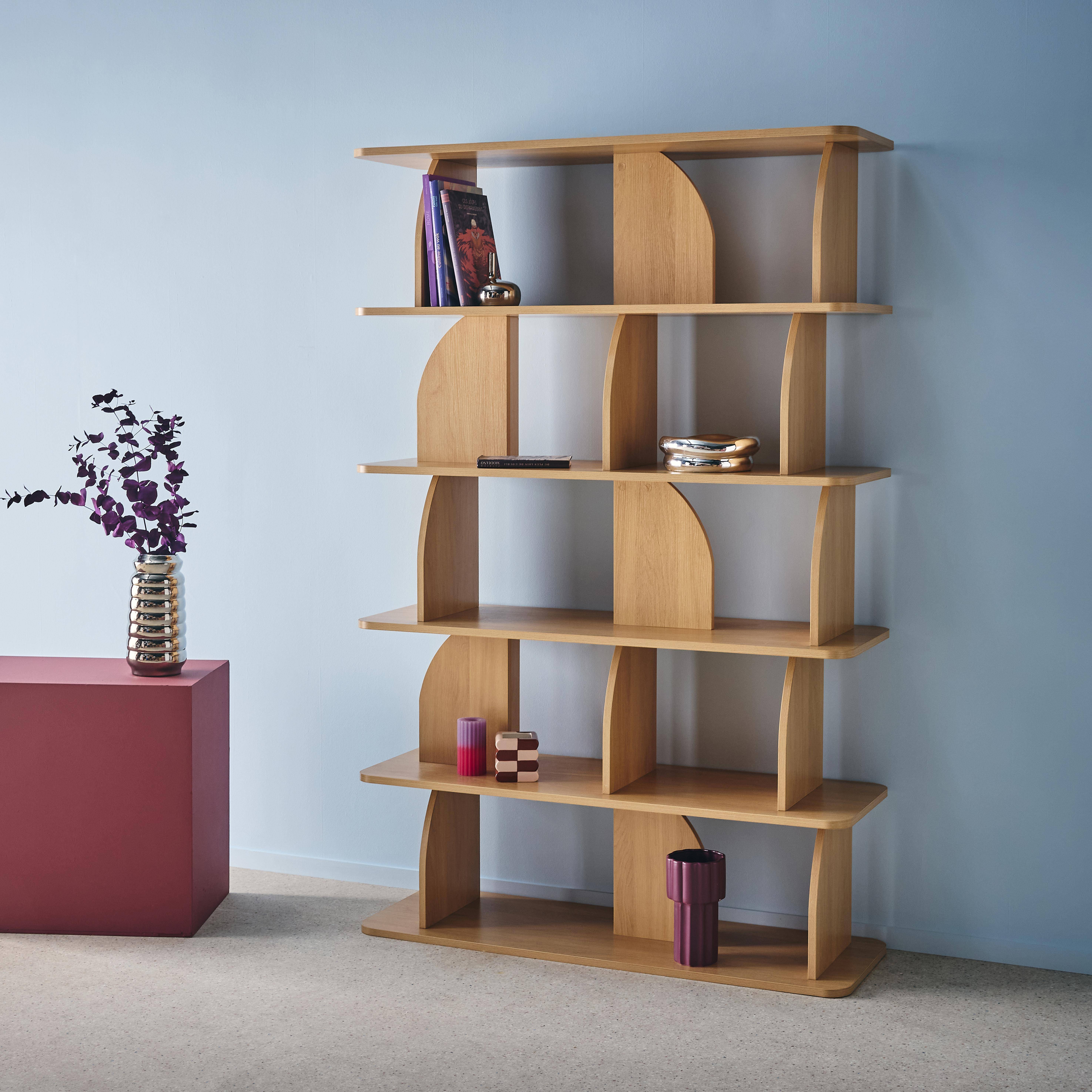 5-tier bookshelf, curved style dividers, exotic decor, Oak effect