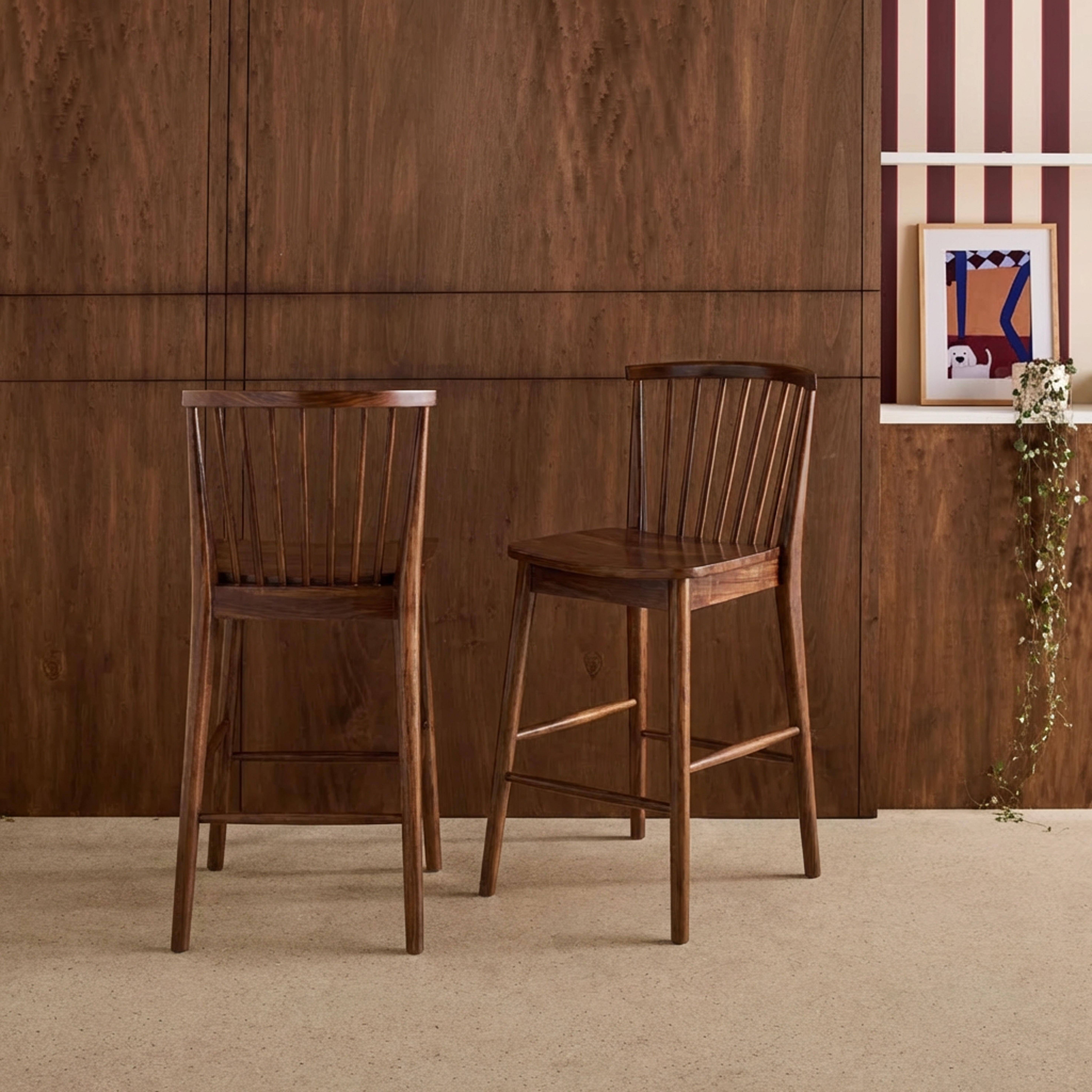 Lot de 2 tabourets de bar à barreaux bois d'hévéa et contreplaqué noyer - 48 x 58 x 98,5 cm - Paula,sweeek,Photo2
