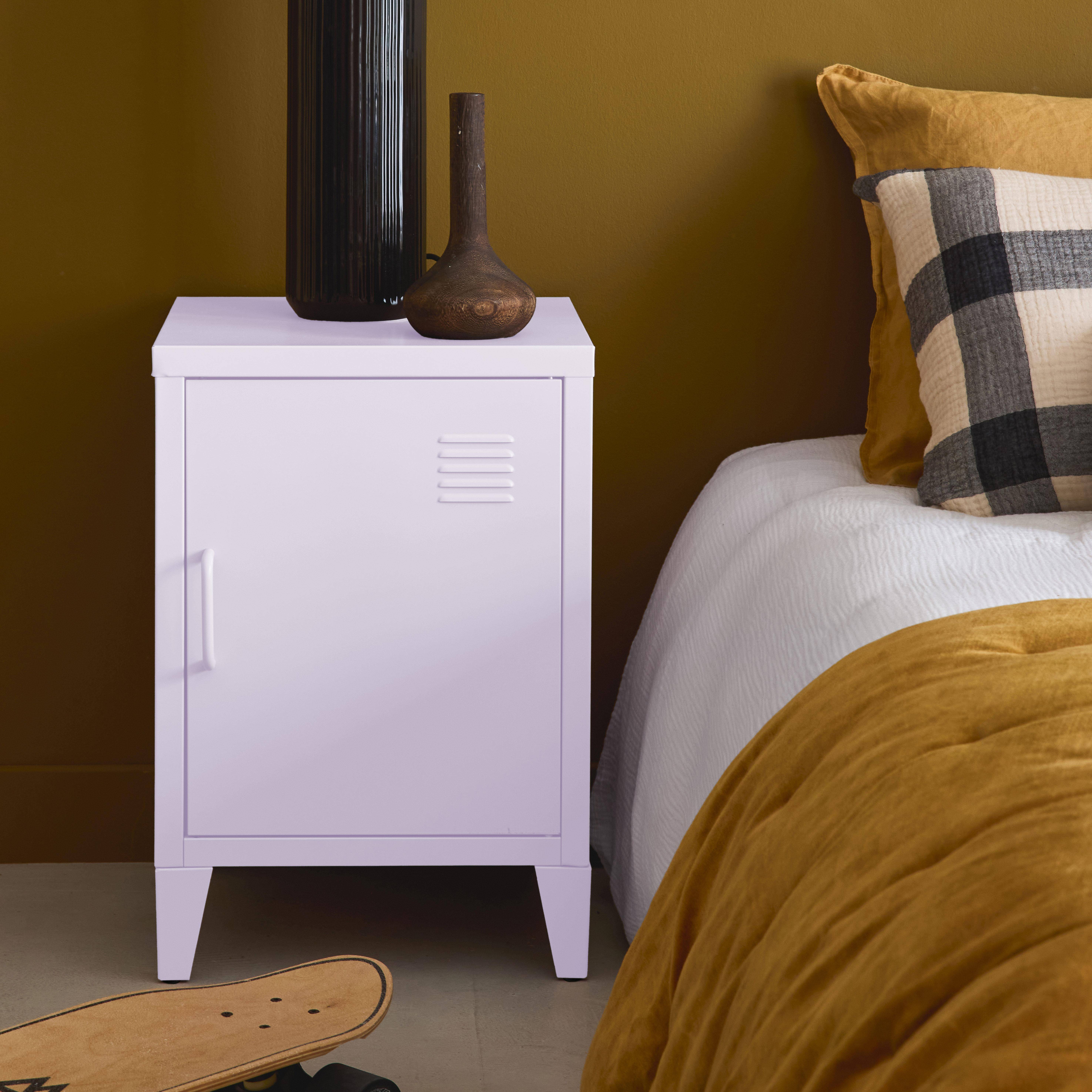 Table de chevet en acier lilas, 1 porte, casier  Photo2