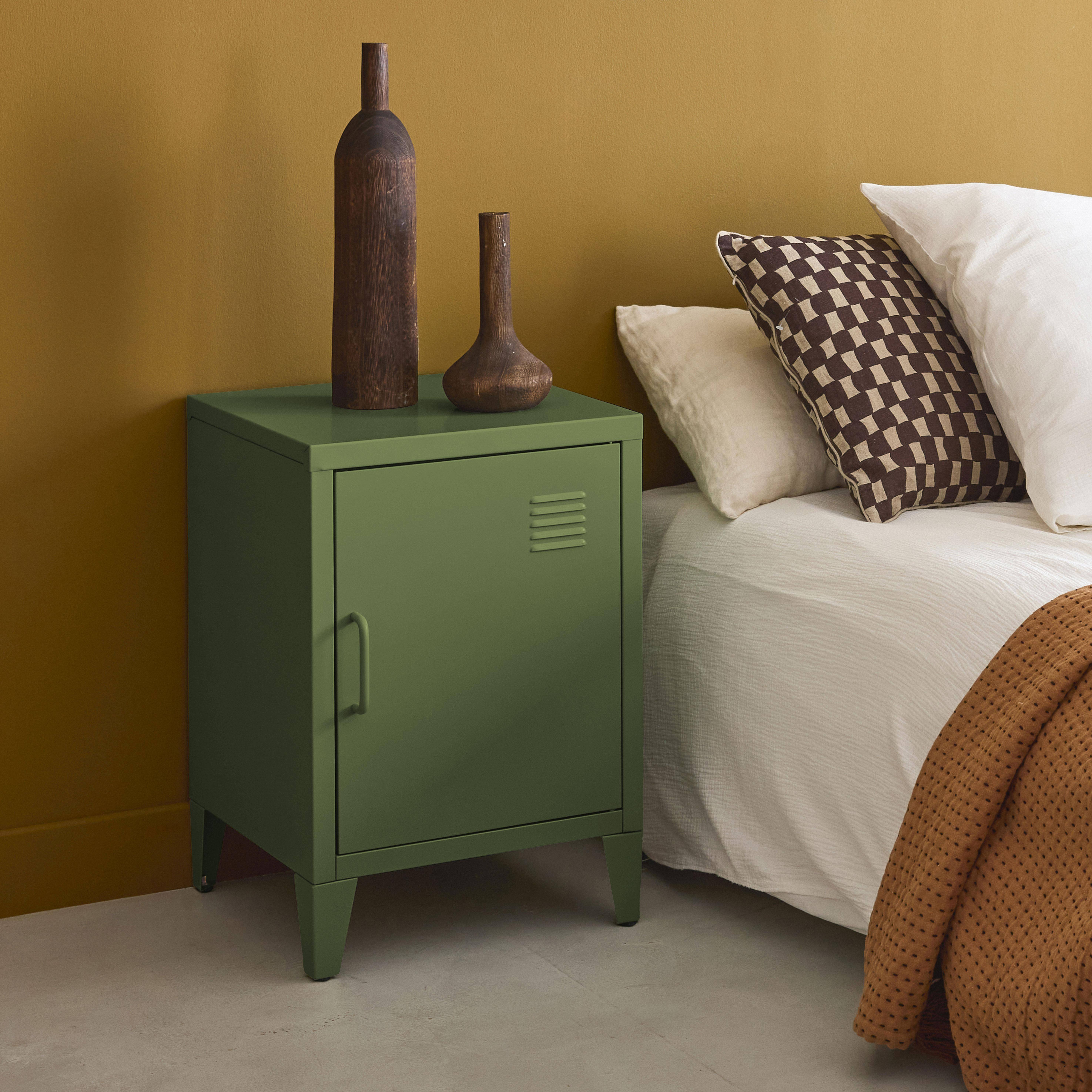 Table de chevet en acier kaki, 1 porte, casier ,sweeek,Photo2