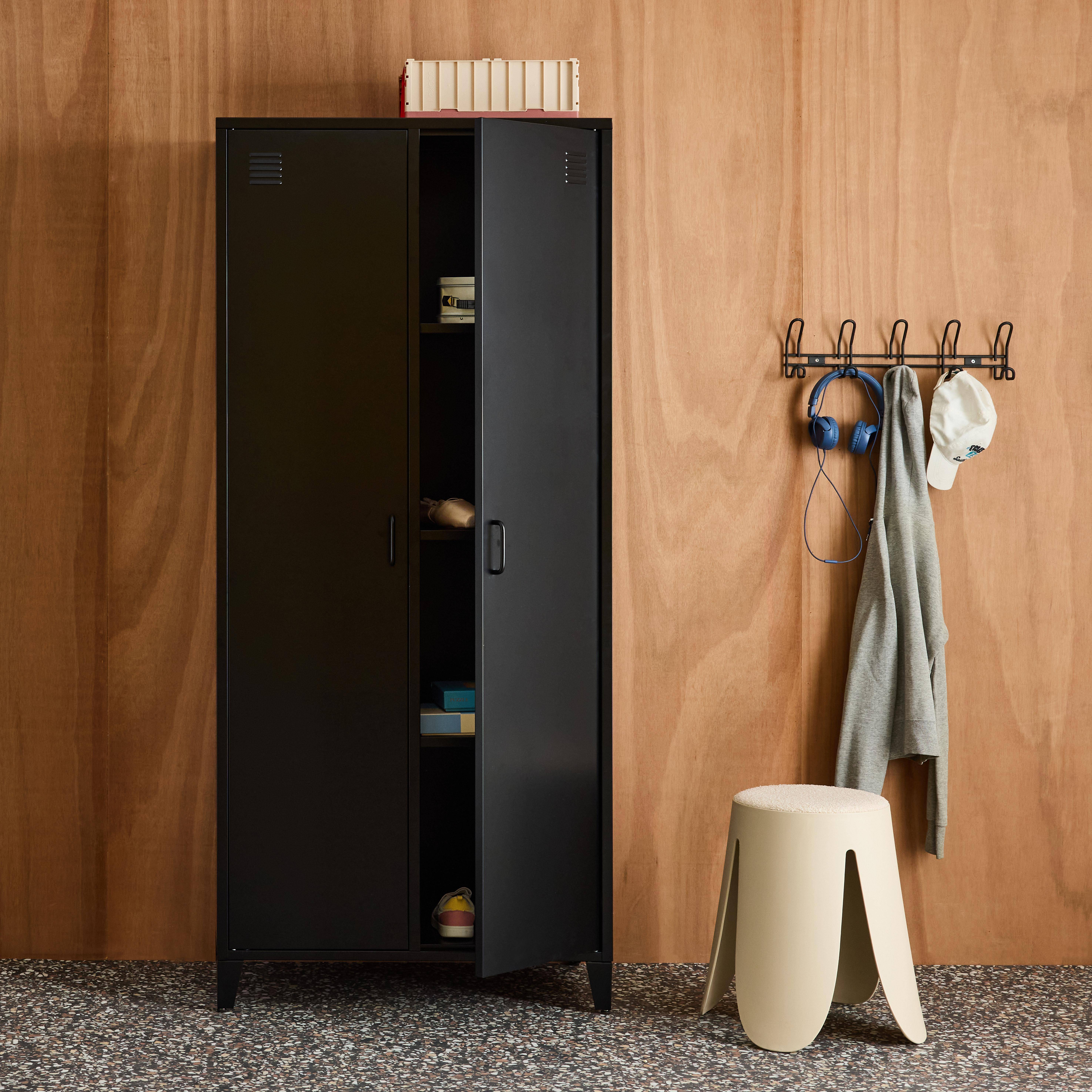 Industriële metalen kledingkast met 2 deuren, 4 planken, 1 hanggedeelte zwart L 80 x B 45 x H 181 cm - Soho Photo2