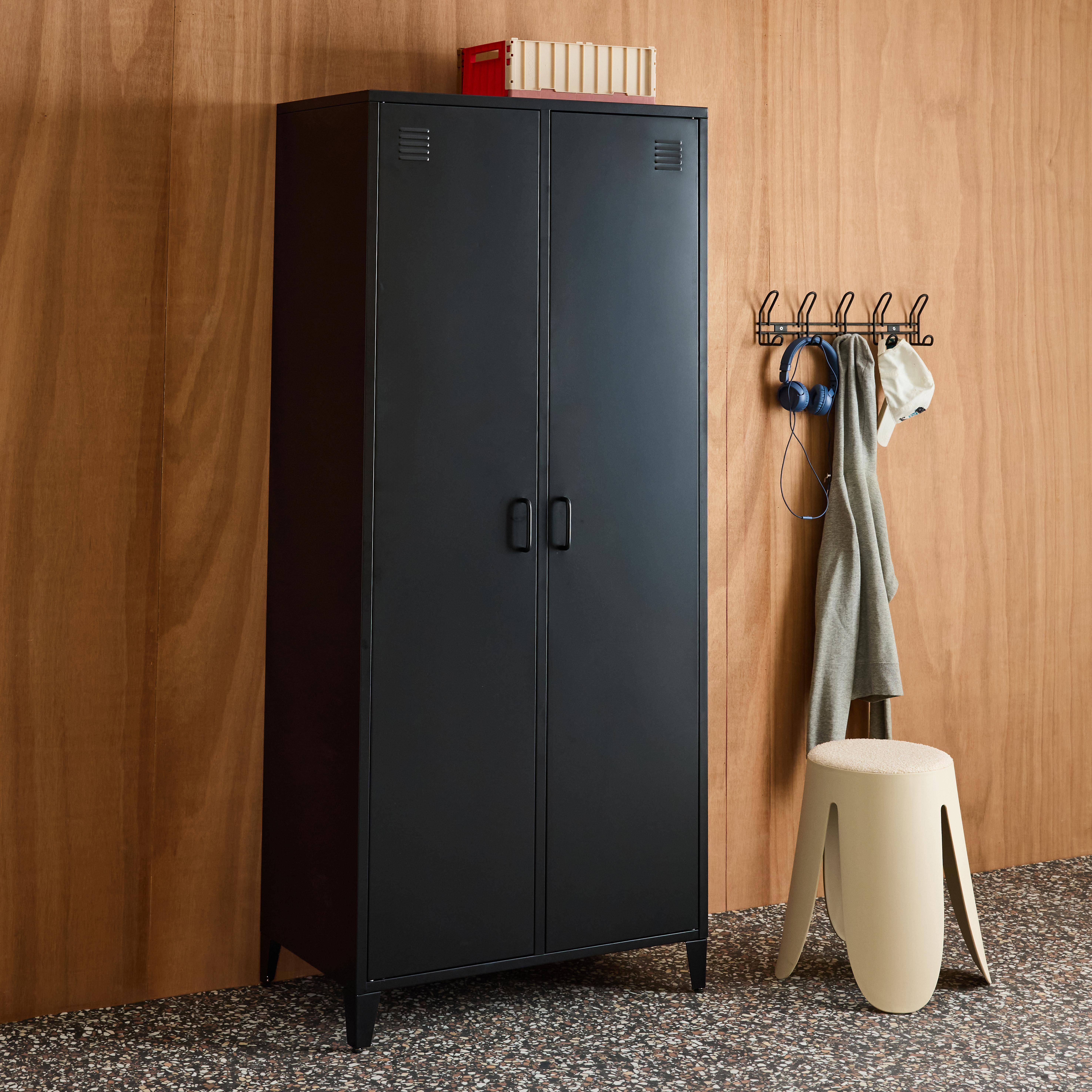 Industriële metalen kledingkast met 2 deuren, 4 planken, 1 hanggedeelte zwart L 80 x B 45 x H 181 cm - Soho Photo3