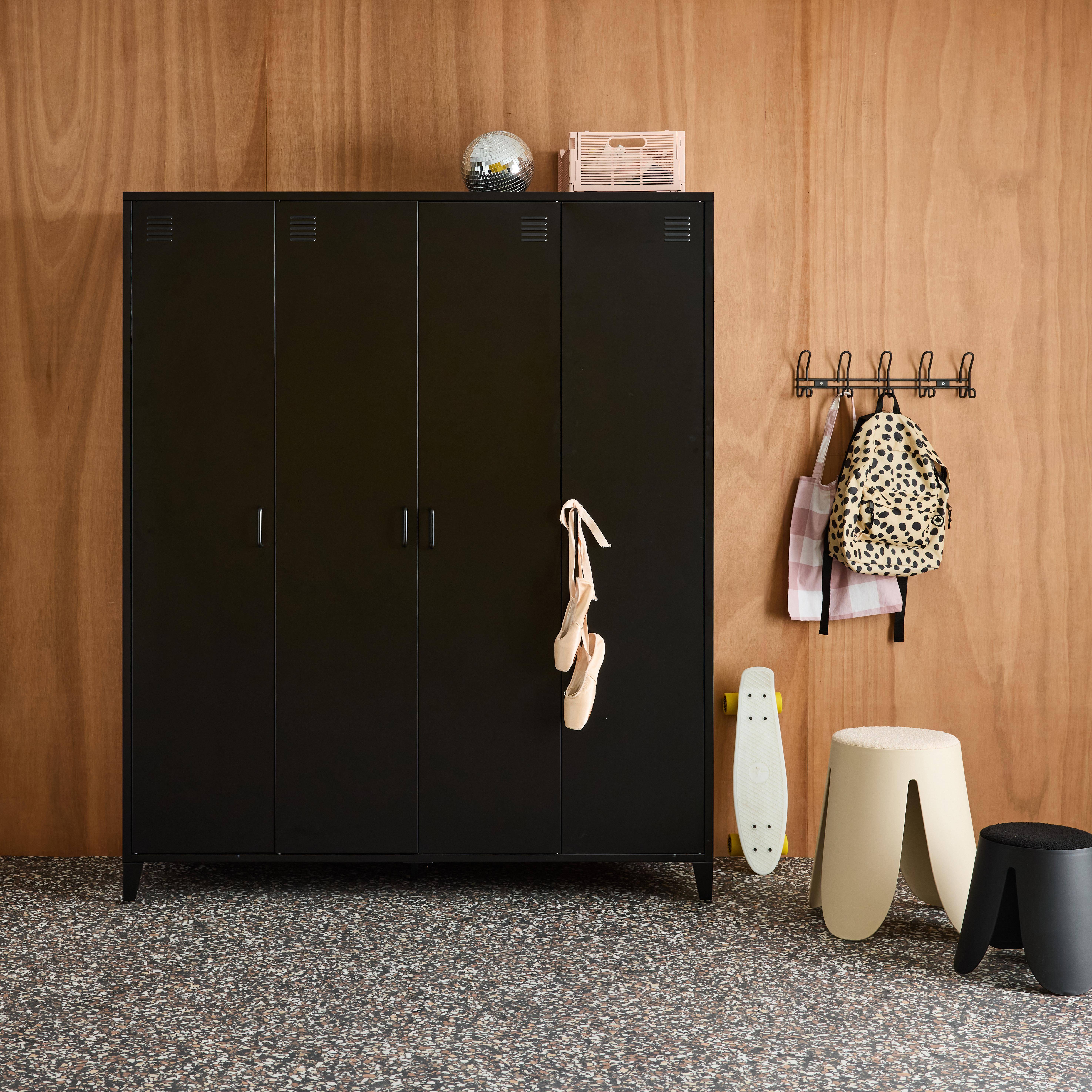 Industrial metal wardrobe for bedroom, 4 doors, 10 shelves, 1 hanging rail, Soho, Black, 150x50x180 cm Photo1