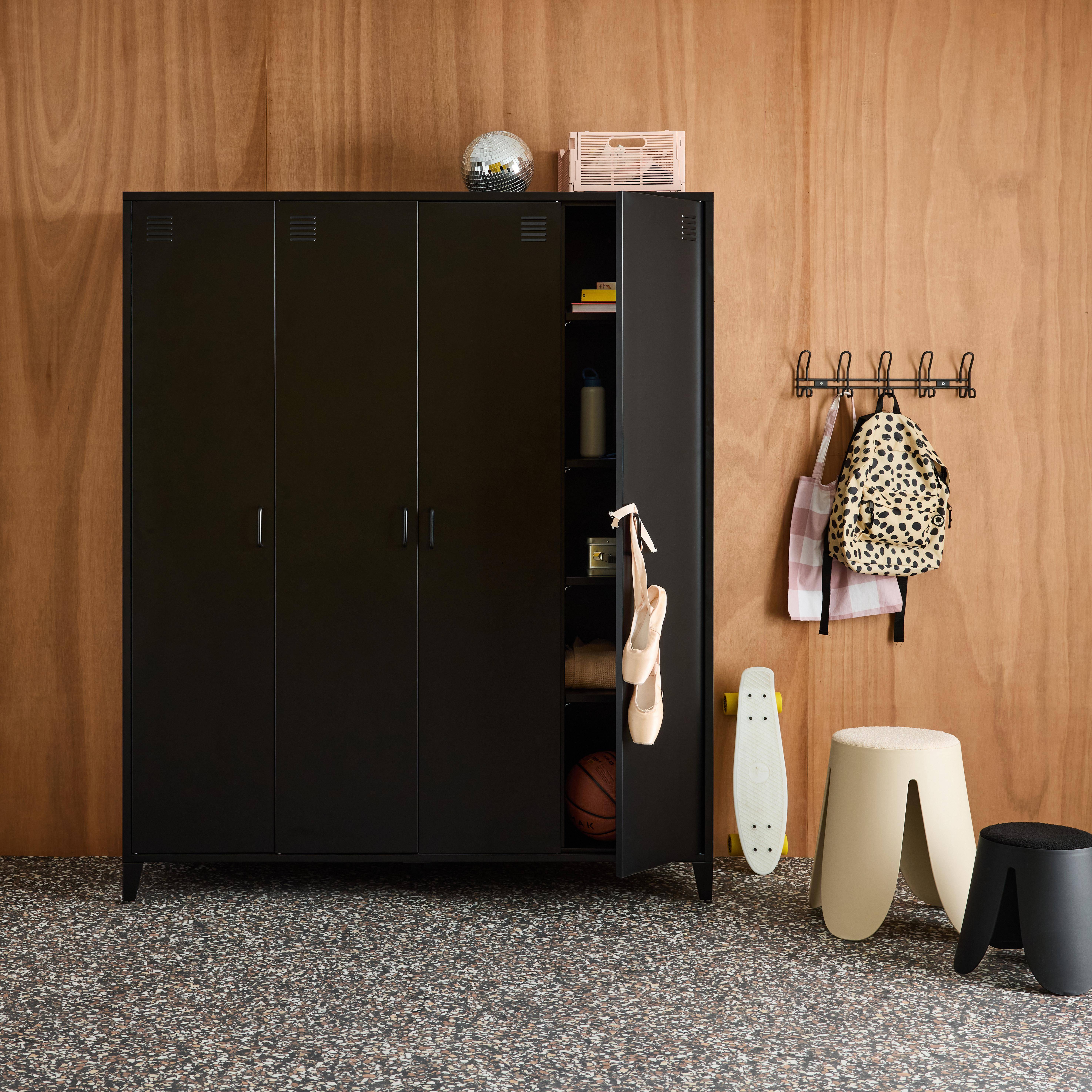 Industrial metal wardrobe for bedroom, 4 doors, 10 shelves, 1 hanging rail, Soho, Black, 150x50x180 cm Photo2