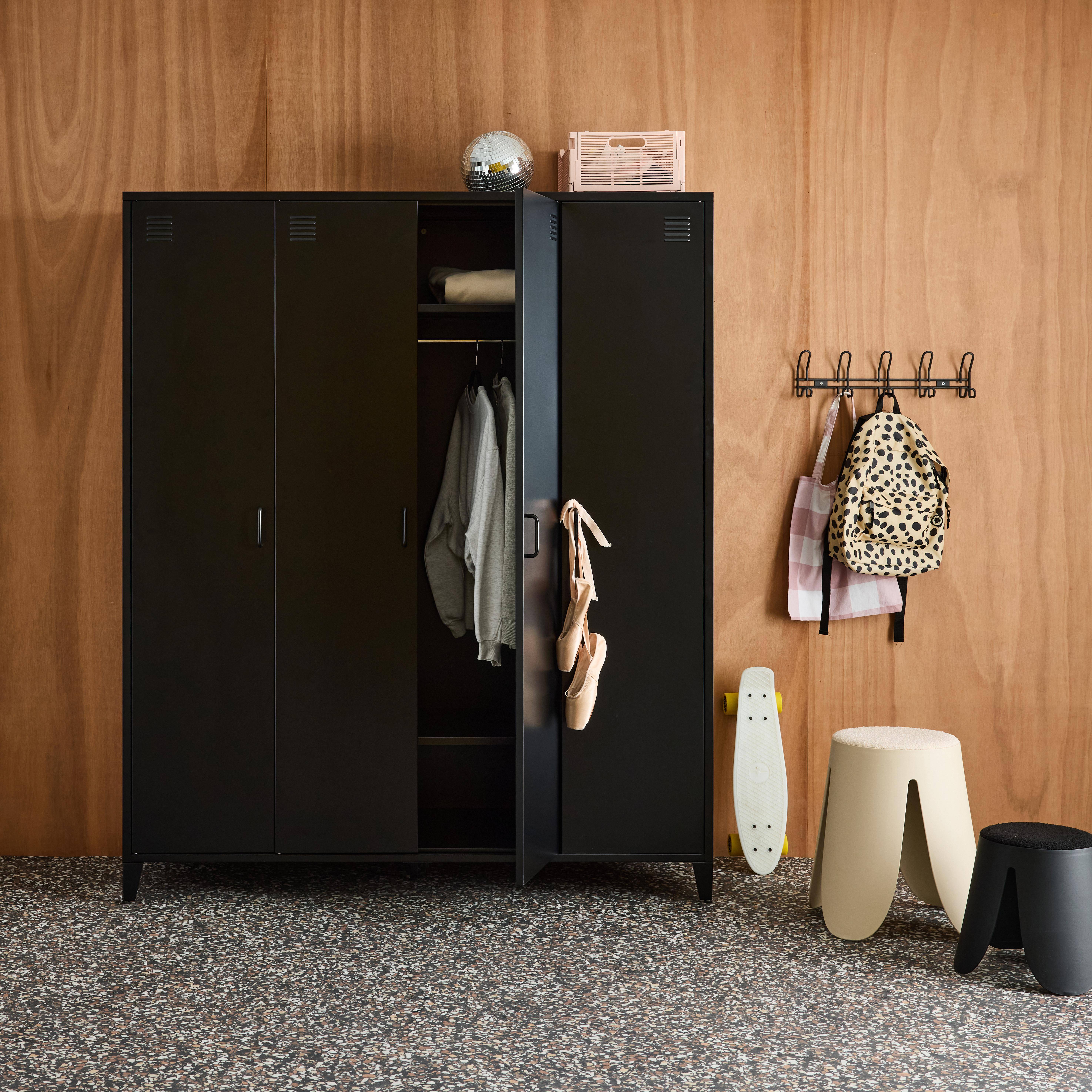 Industrial metal wardrobe for bedroom, 4 doors, 10 shelves, 1 hanging rail, Soho, Black, 150x50x180 cm,sweeek,Photo3