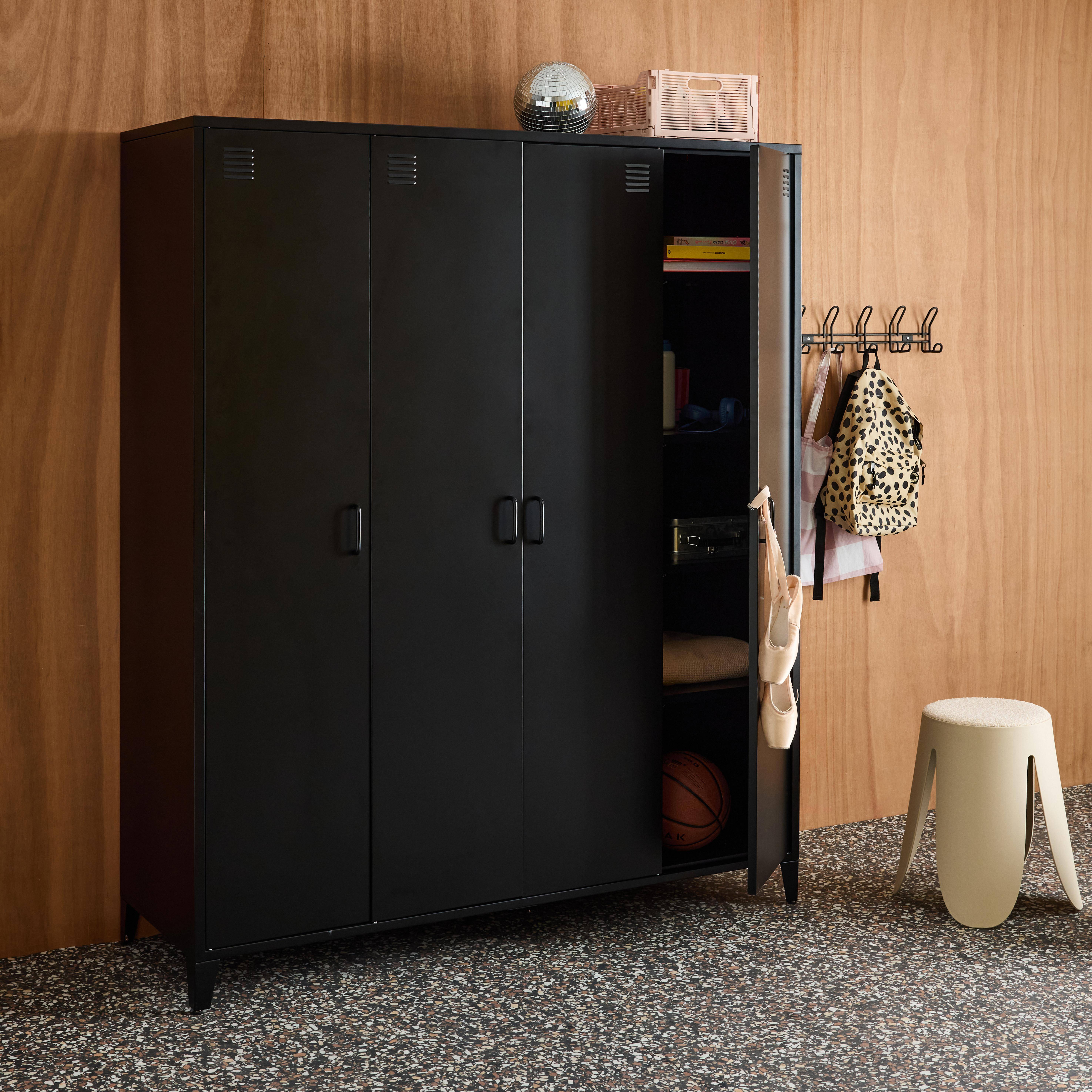 Industrial metal wardrobe for bedroom, 4 doors, 10 shelves, 1 hanging rail, Soho, Black, 150x50x180 cm Photo4