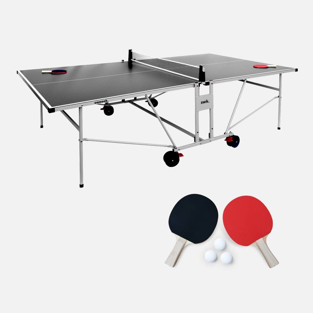 Table de ping pong OUTDOOR grise, raquettes et balles