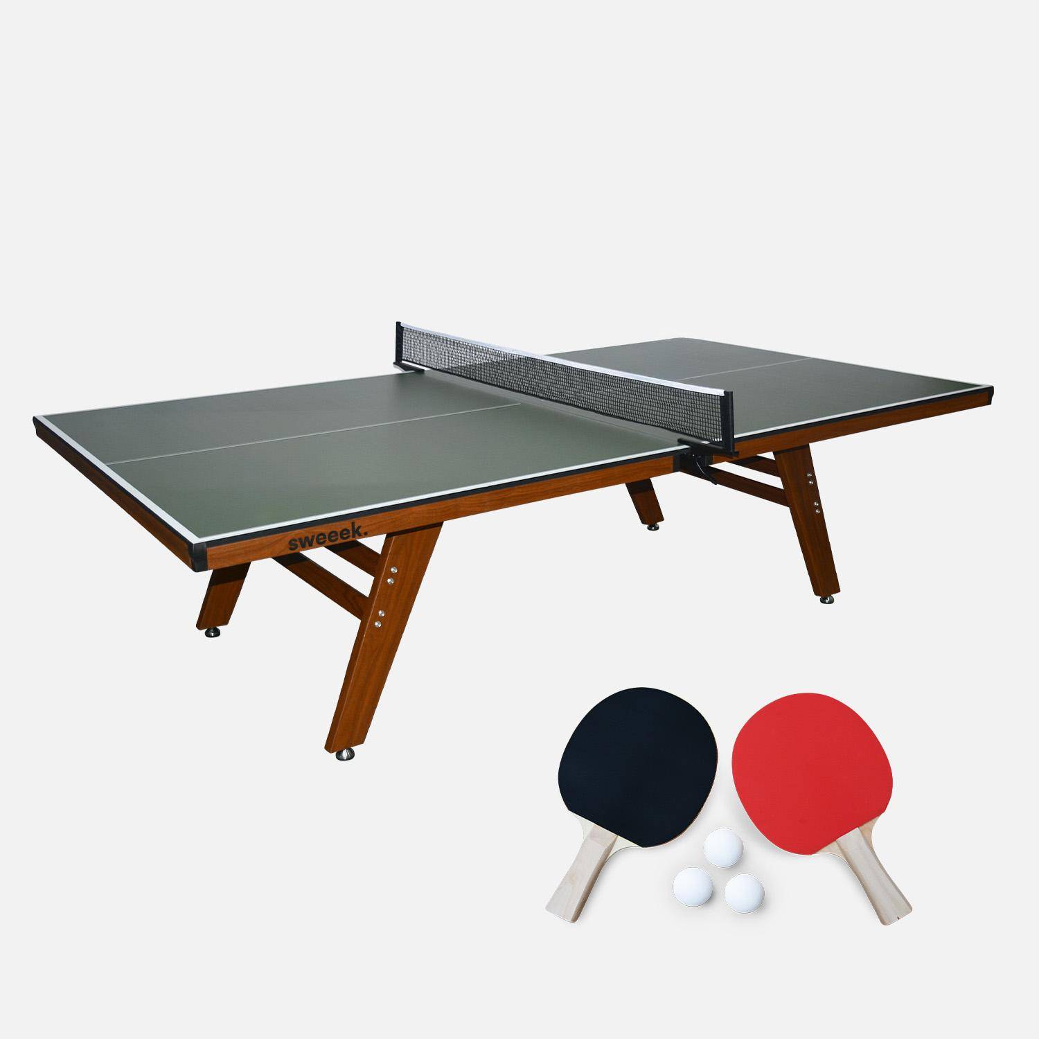 Mesa de ping pong interior deluxe con 2 raquetas y 3 pelotas, 273.5cm Verde kaki - 274x152.5x76 cm,sweeek,Photo6
