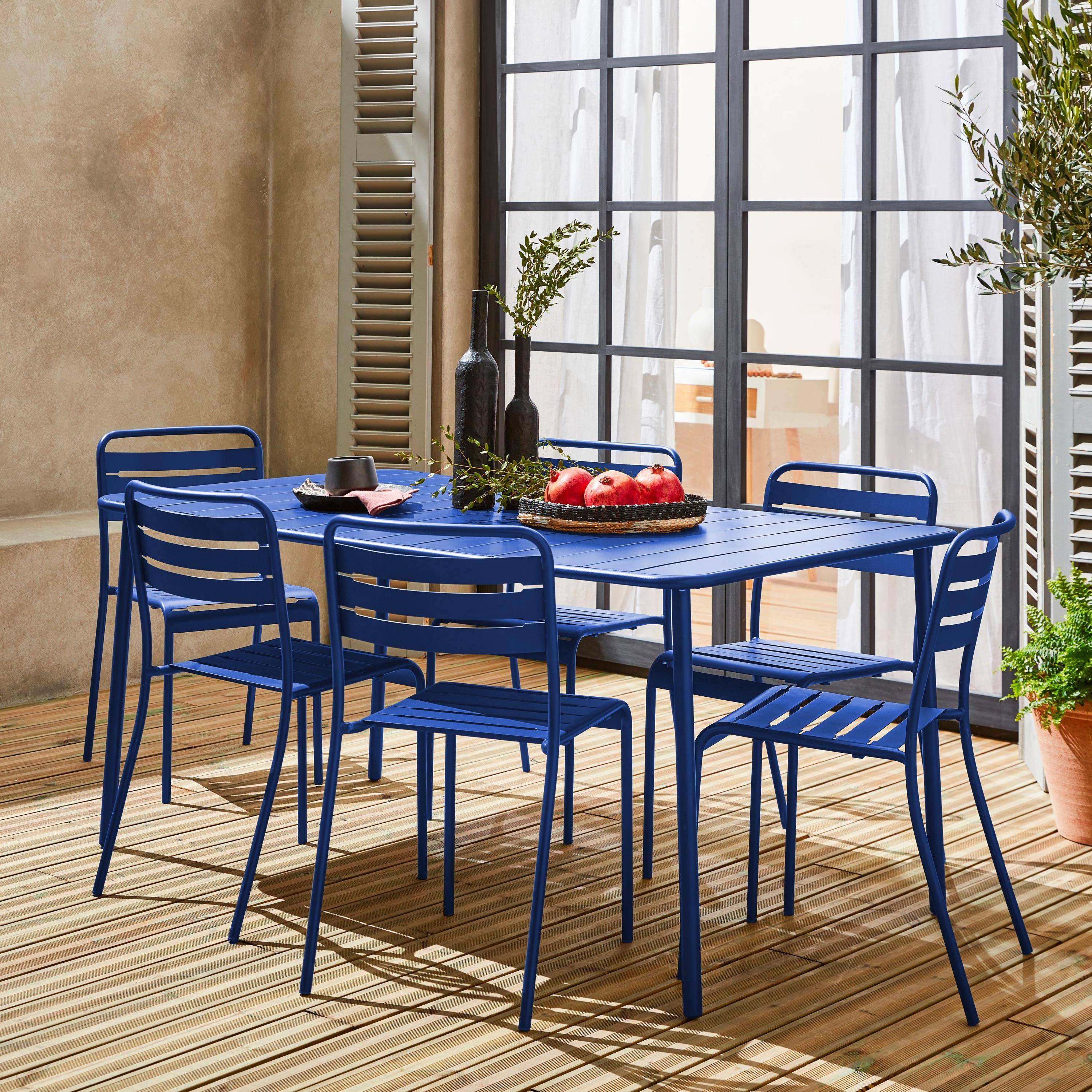Set tavolo da giardino in metallo con 6 sedie, Amelia, Blu intenso, 160x90x72.5 cm,sweeek,Photo2