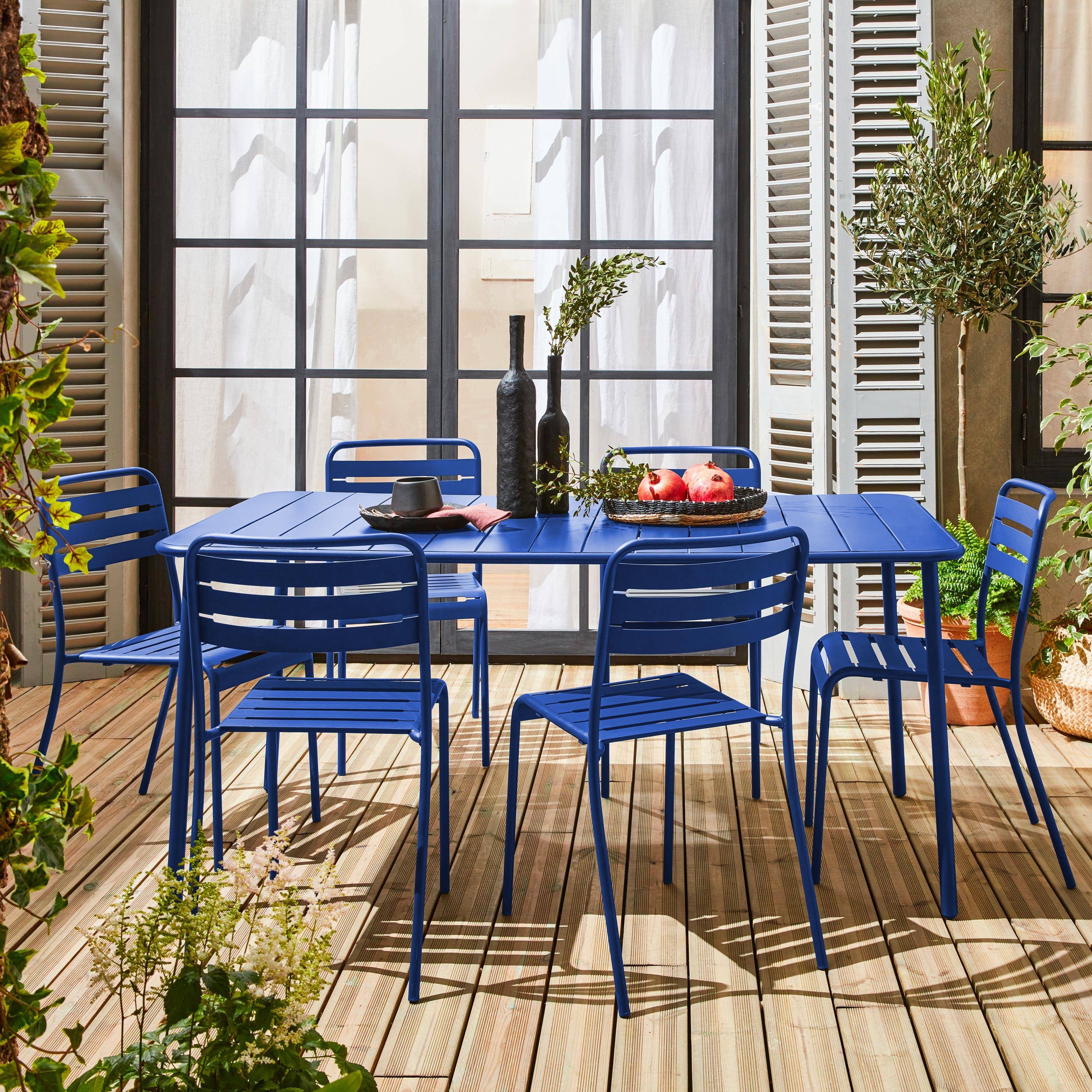 Set tavolo da giardino bistrot in metallo con 6 sedie Blu elettrico - 160x90x72.5 cm Photo1