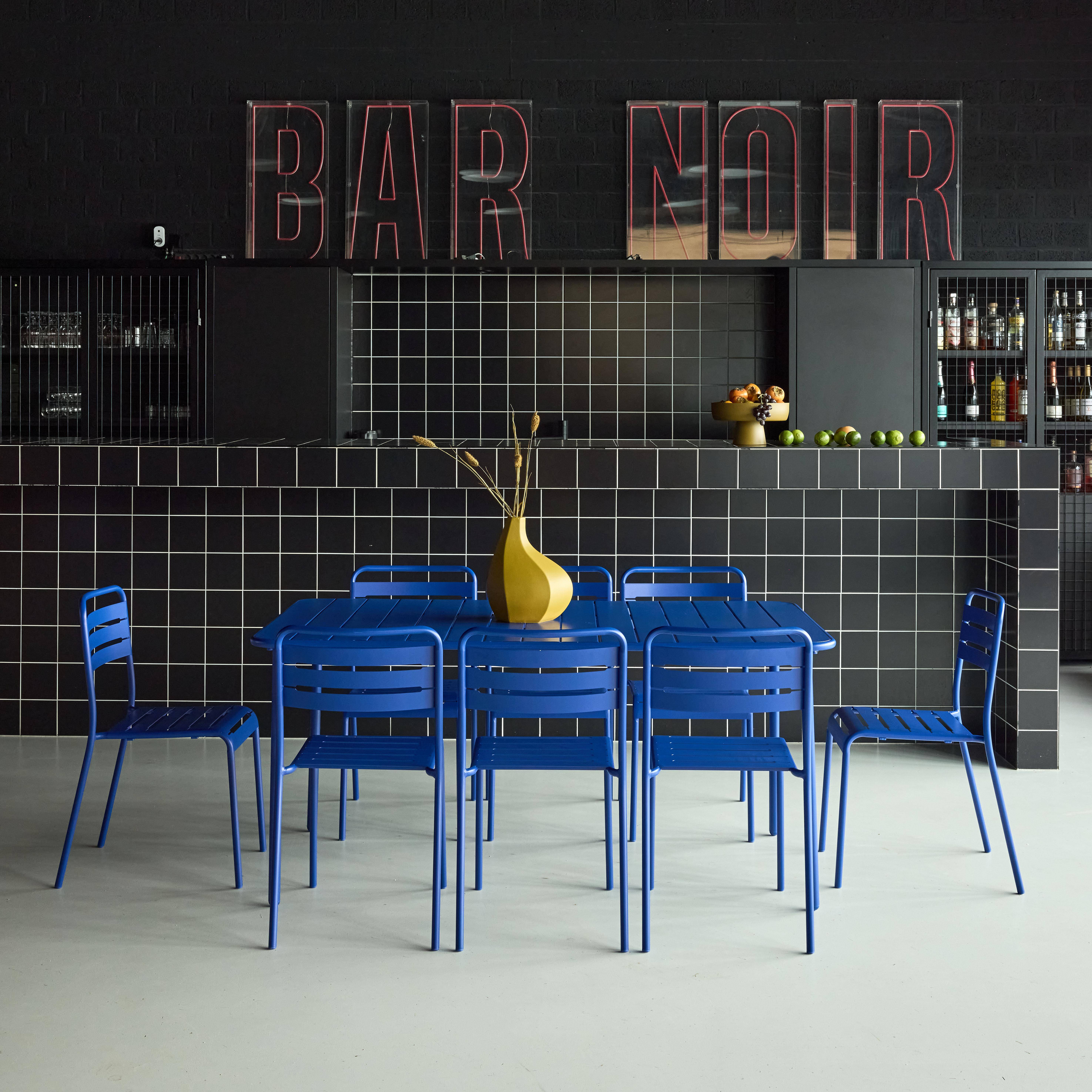 Mesa de jardim com 8 cadeiras de metal, Amelia, Azul intenso, 160x90x72.5 cm Photo1