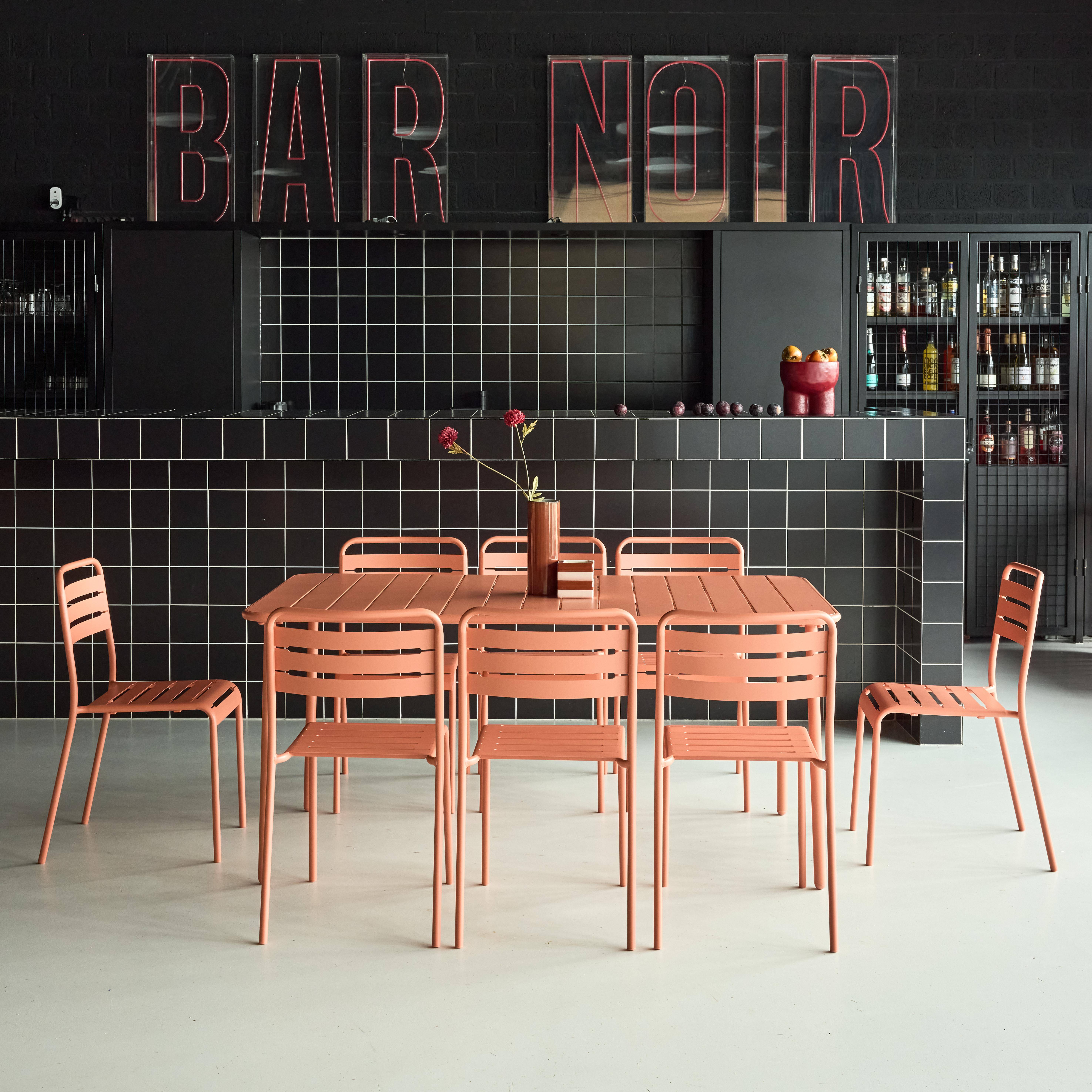 Mesa de jardim com 8 cadeiras de metal, Amelia, Rosa tostato, 160x90x72.5 cm Photo1