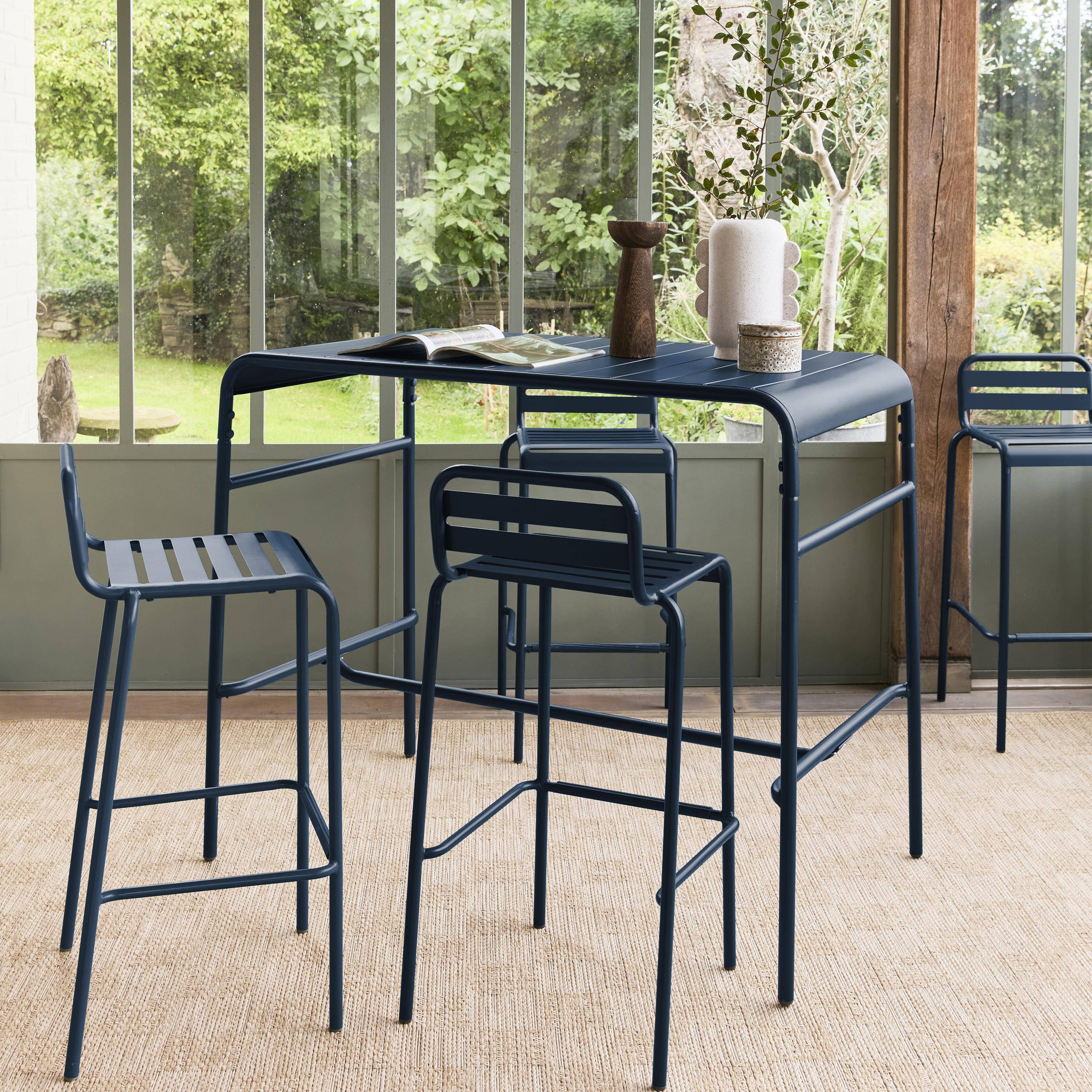 Table haute de jardin acier + 4 assises AMELIA bleu marine, 4 chaises hautes en acier, 120 x 70cm x 95cm,sweeek,Photo1