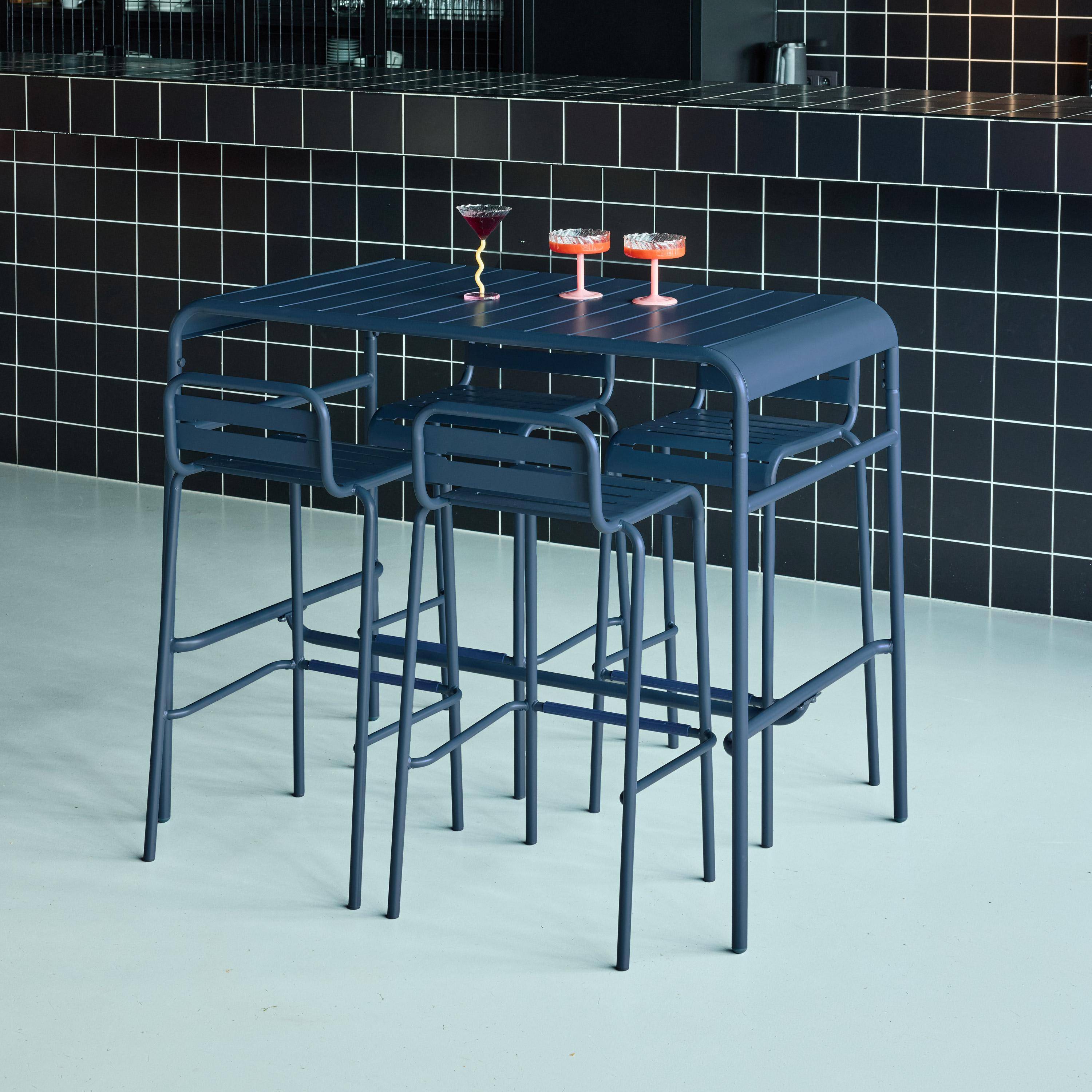 Table haute de jardin acier + 4 assises AMELIA bleu marine, 4 chaises hautes en acier, 120 x 70cm x 95cm,sweeek,Photo3