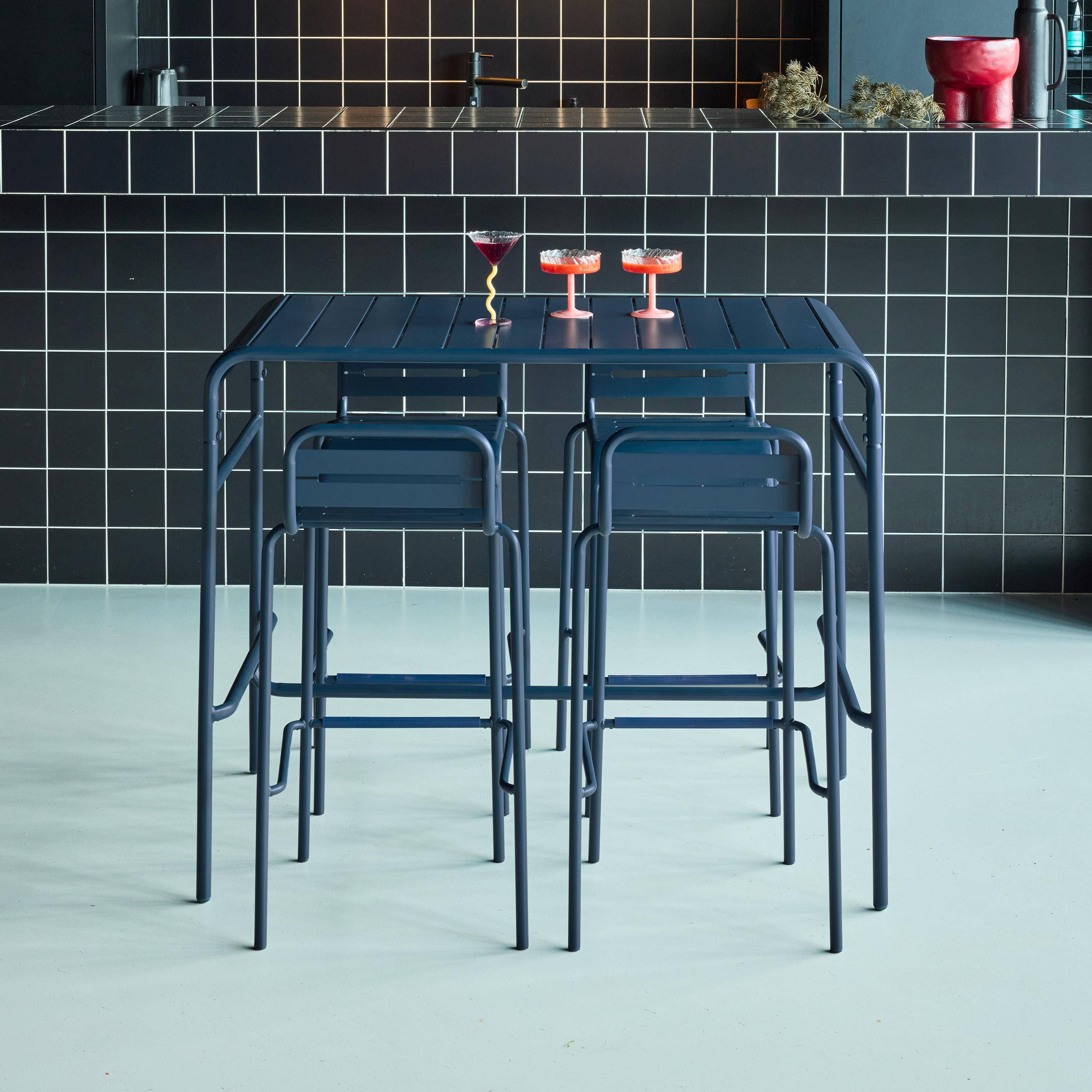 Table haute de jardin acier + 4 assises AMELIA bleu marine, 4 chaises hautes en acier, 120 x 70cm x 95cm Photo2
