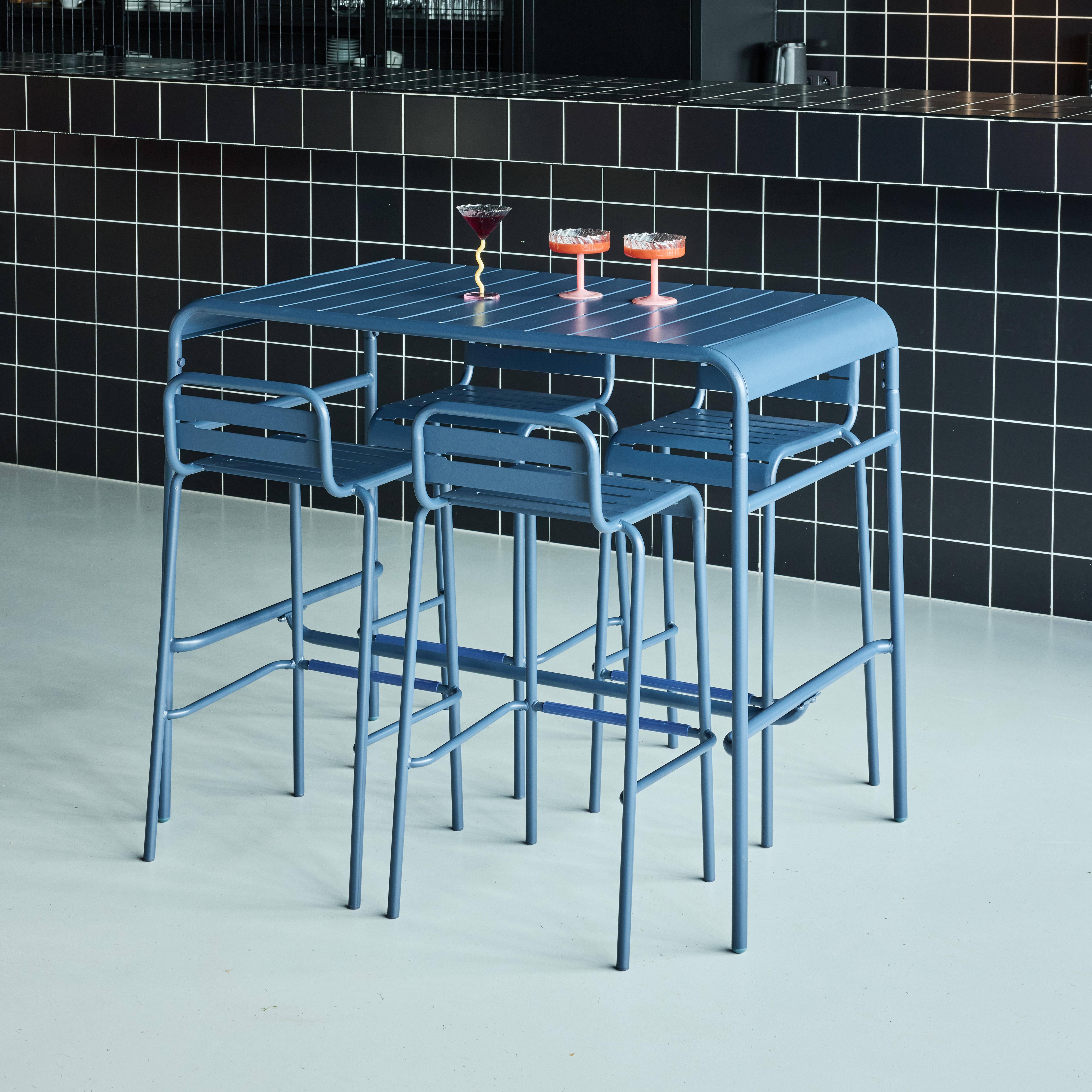 Mesa alta de jardim, 4 cadeiras altas de aço, Amelia, Azul-marinho, 120x70x95 cm,sweeek,Photo2