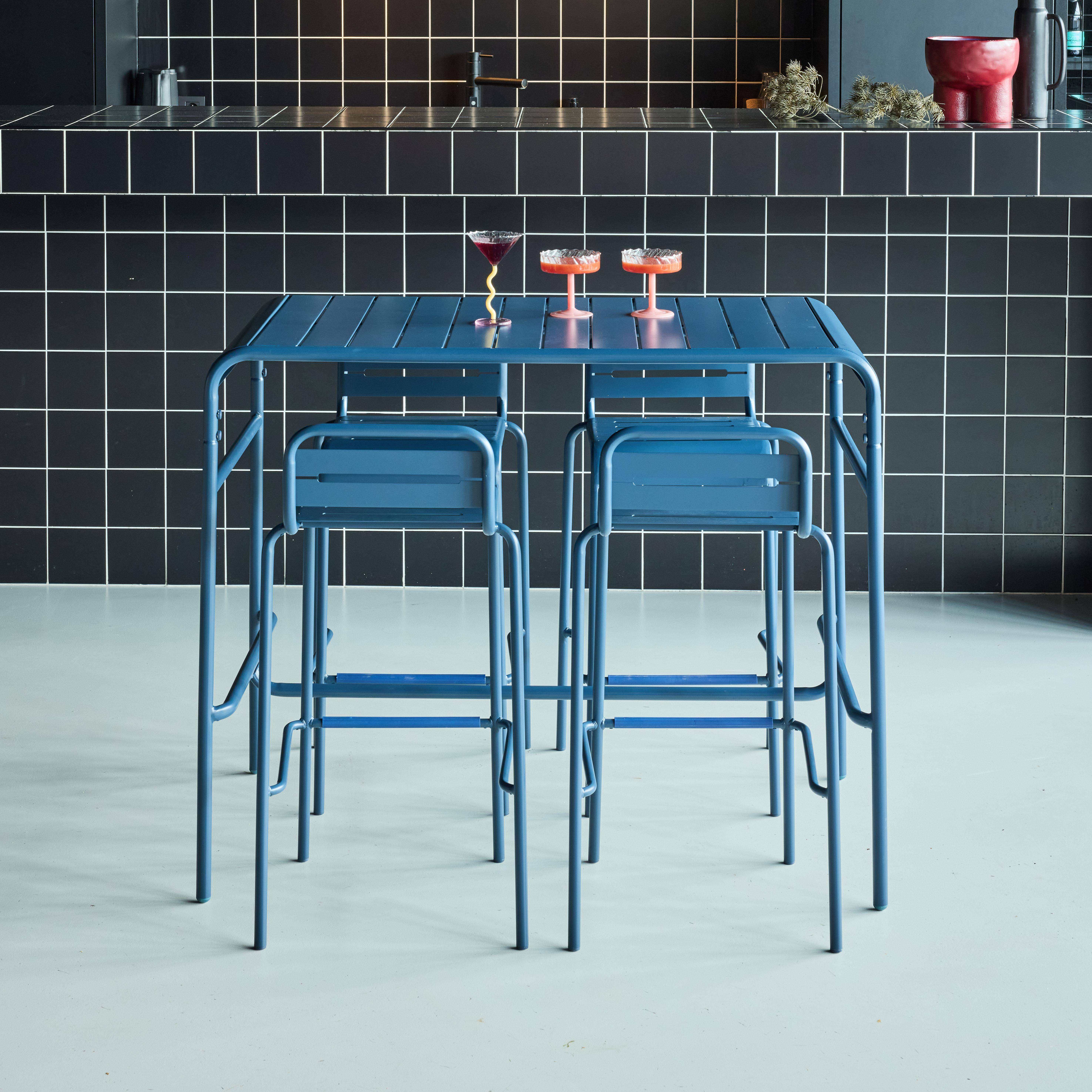Table haute de jardin acier + 4 assises AMELIA bleu marine, 4 chaises hautes en acier, 120 x 70cm x 95cm,sweeek,Photo2