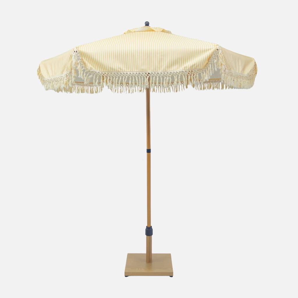 Parasol droit à franges 2m, beige et écru, acier, mât effet bois