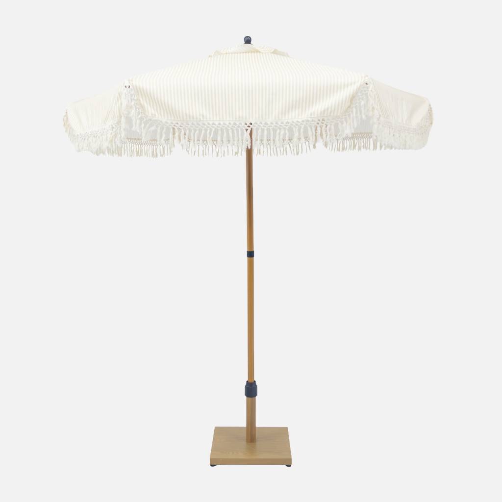 Parasol droit à franges 2m, beige et écru, acier, mât effet bois