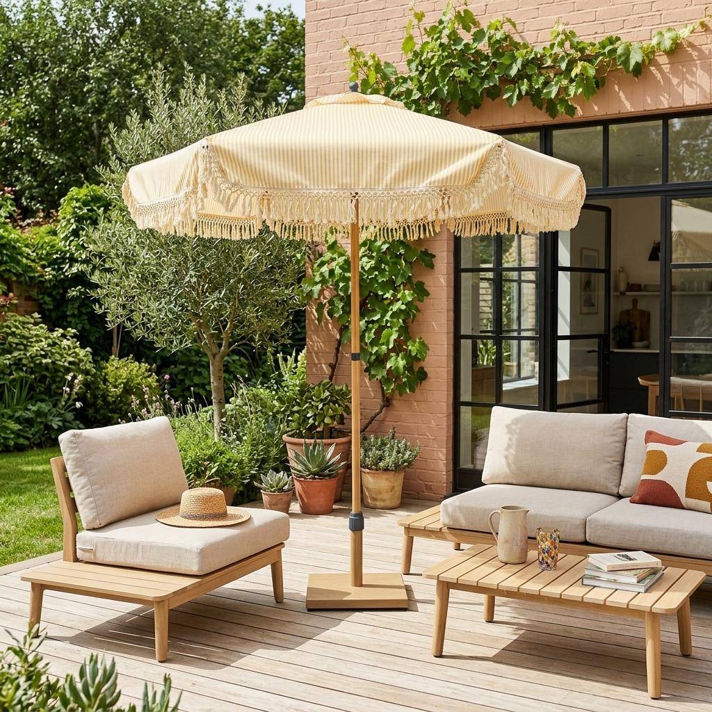 2m straight fringed steel parasol Beige and ecru stripes 200x200x225 cm - Hossegor Photo1