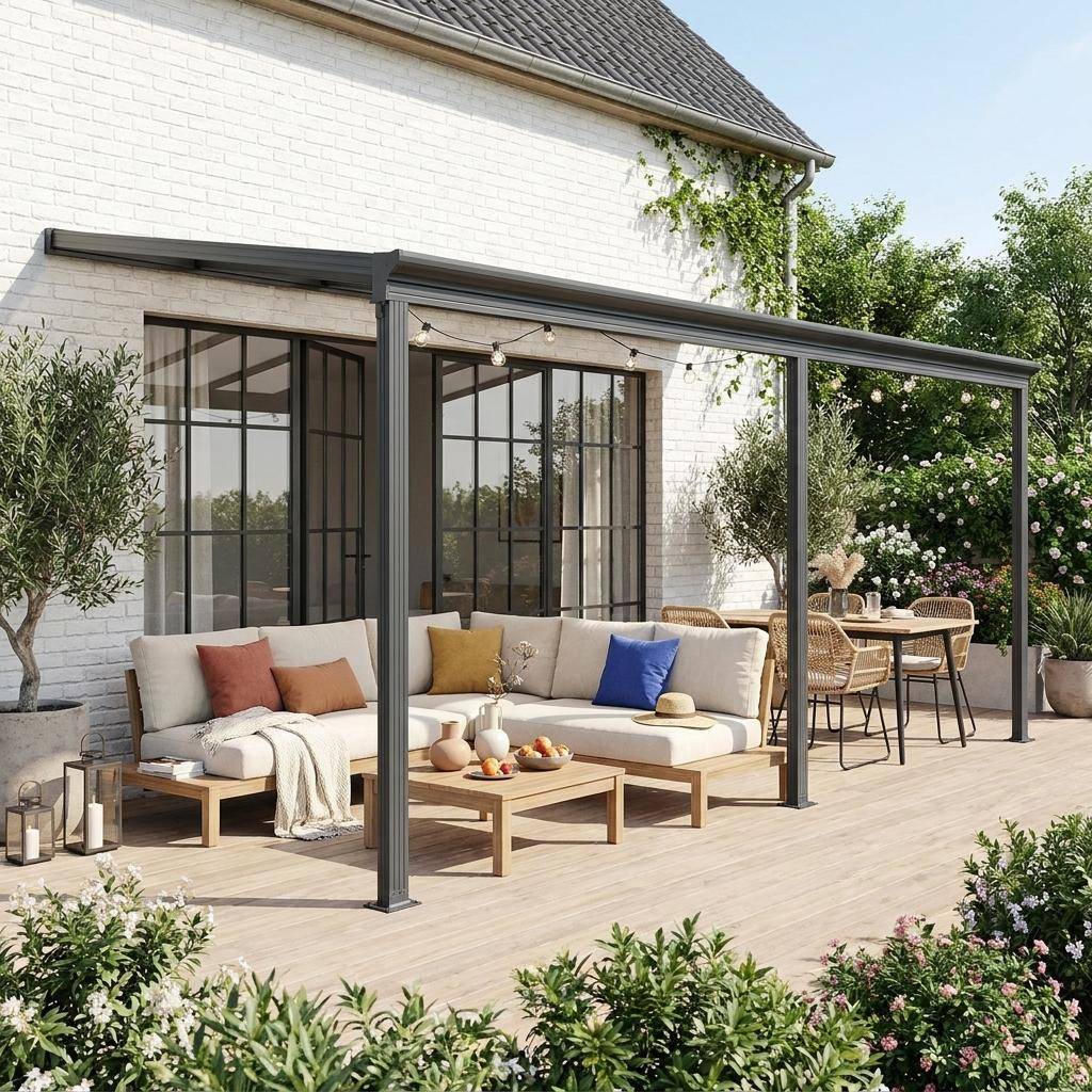 Pérgola cochera de aluminio con canalón integrado, 3x5m Antracita - 557x303x258 cm,sweeek,Photo1